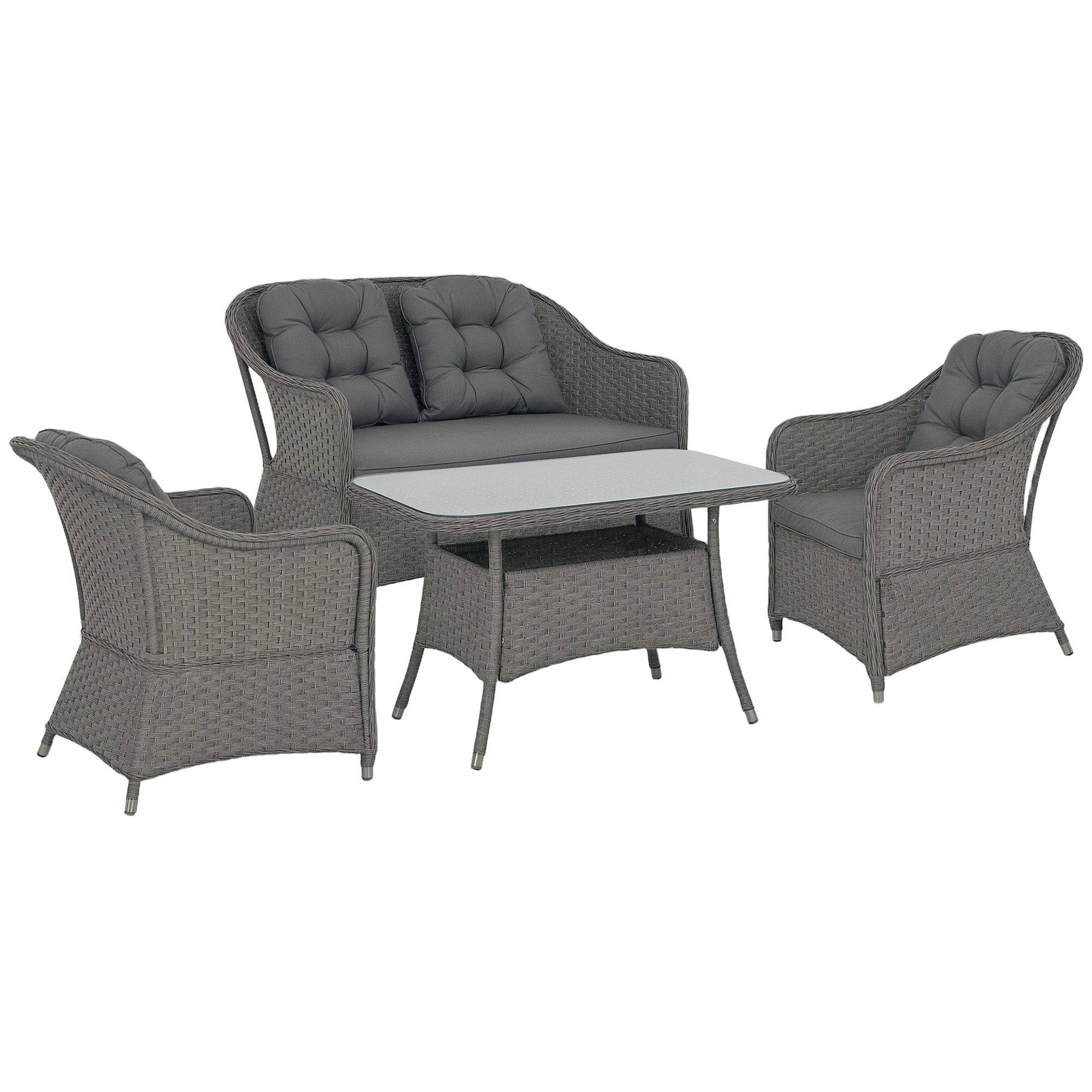 Four-Piece Rattan Set, Glass-Top Table, Light Grey