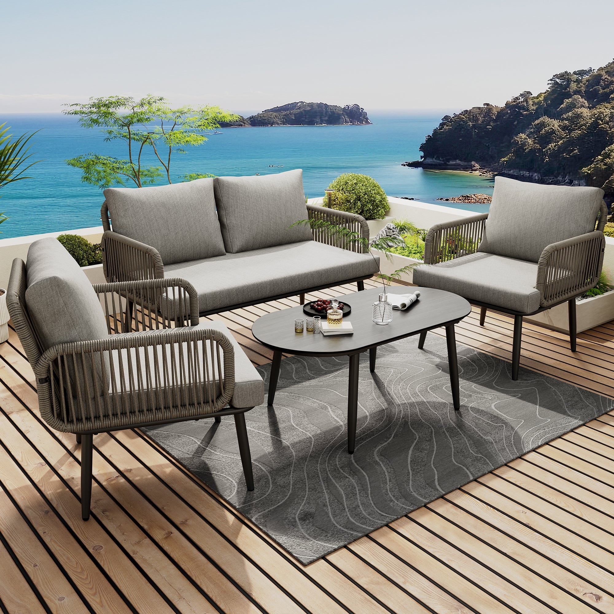 Garden Furniture Set with Sofa, Armchairs, and Coffee Table, Grey Steel and Rope
