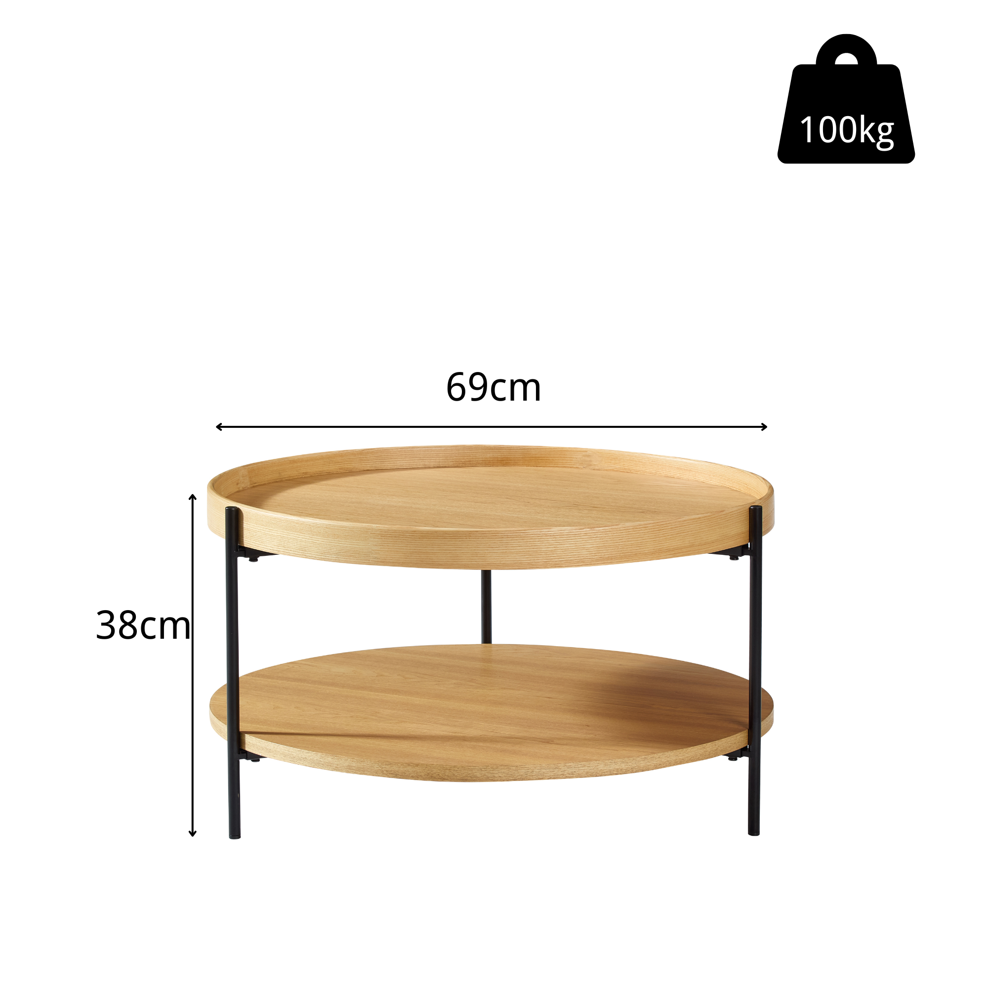 Coffee Table Modern 2-Tier Round Tray Wood & Iron