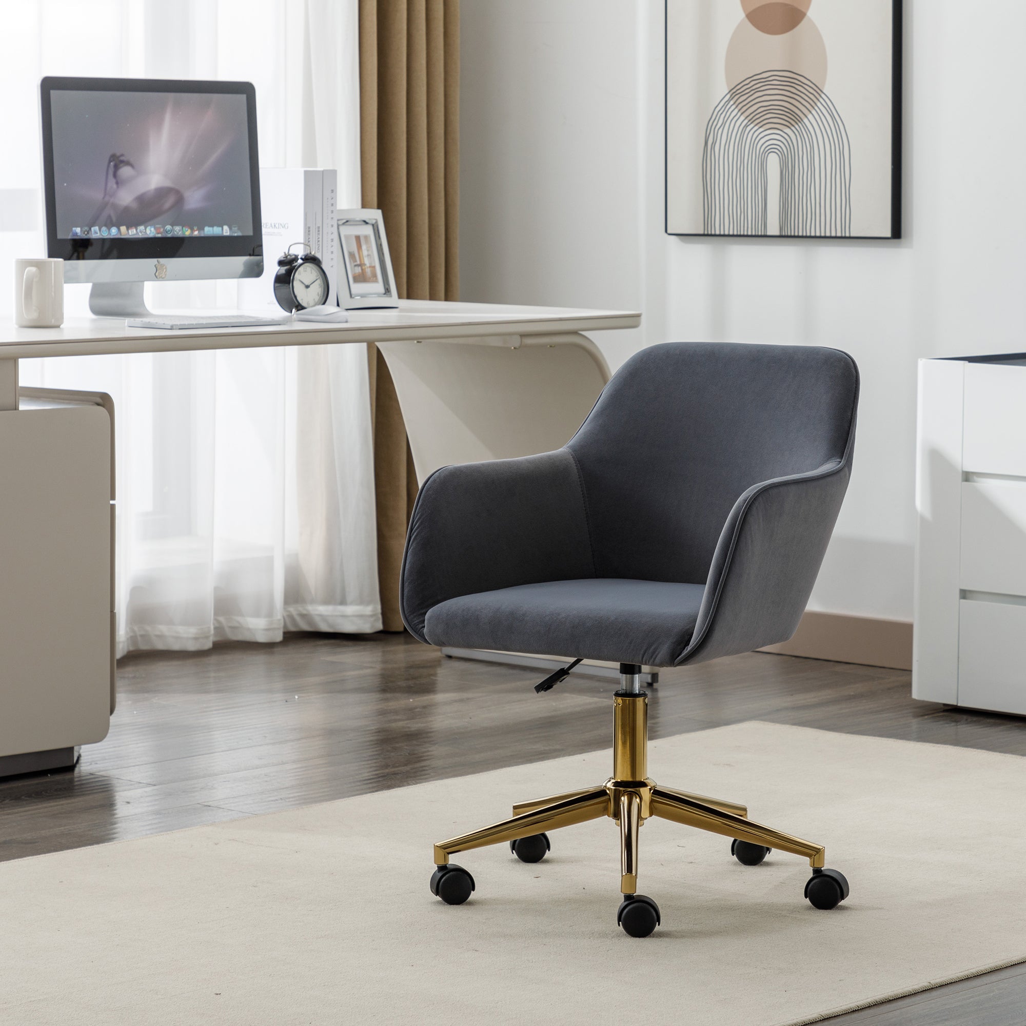 Velvet Swivel Chair, Height-Adjustable for Office Use, Grey with Golden Legs