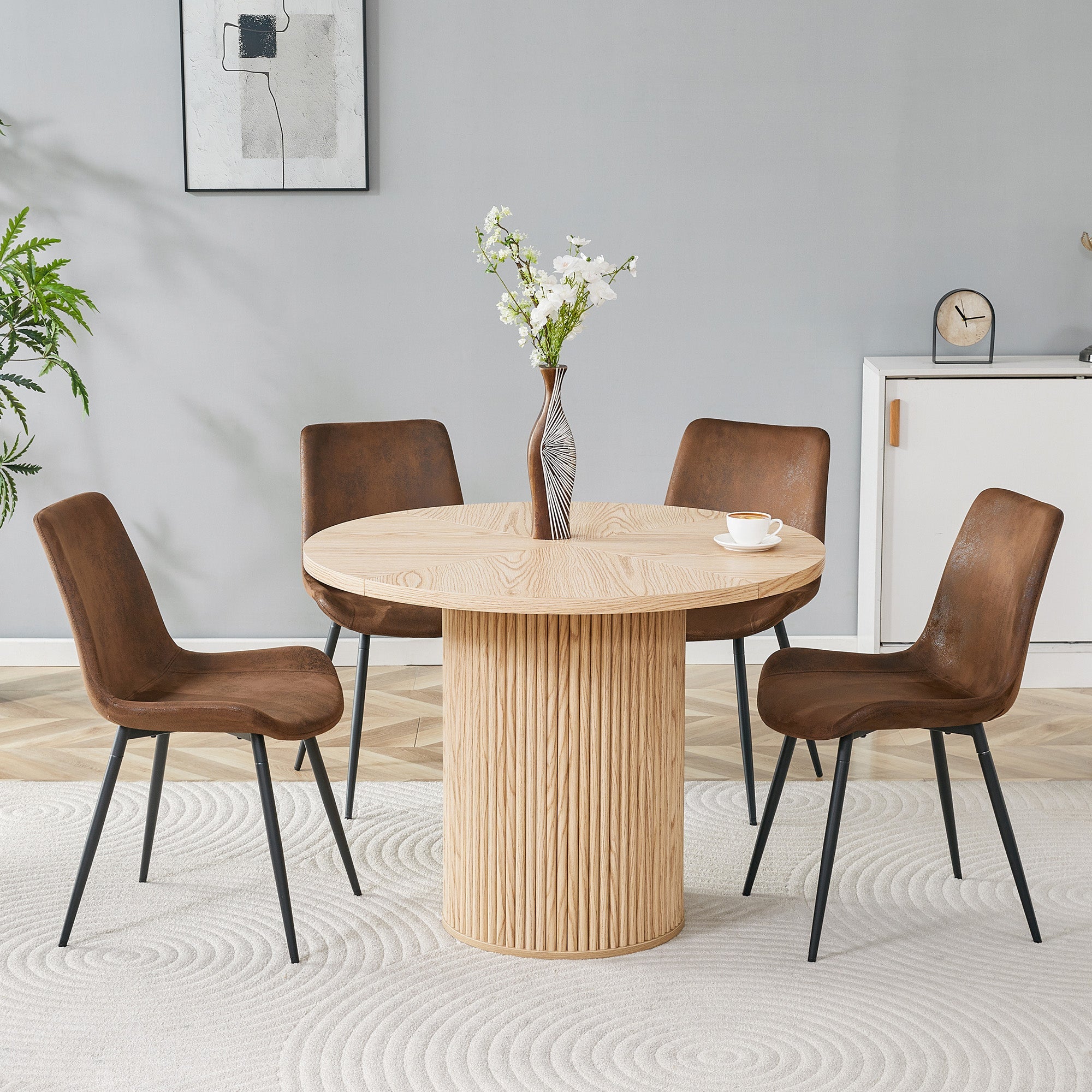 Minimalist Round Table Set, 100 cm MDF Dining Table & 4 Chairs, High-Tech Fabric