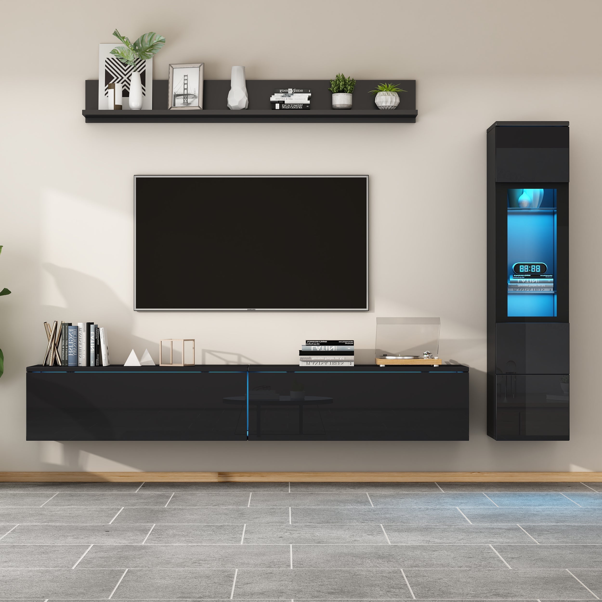3-Piece TV Wall Unit Set High-Gloss LED Display Cabinet & Shelf Black