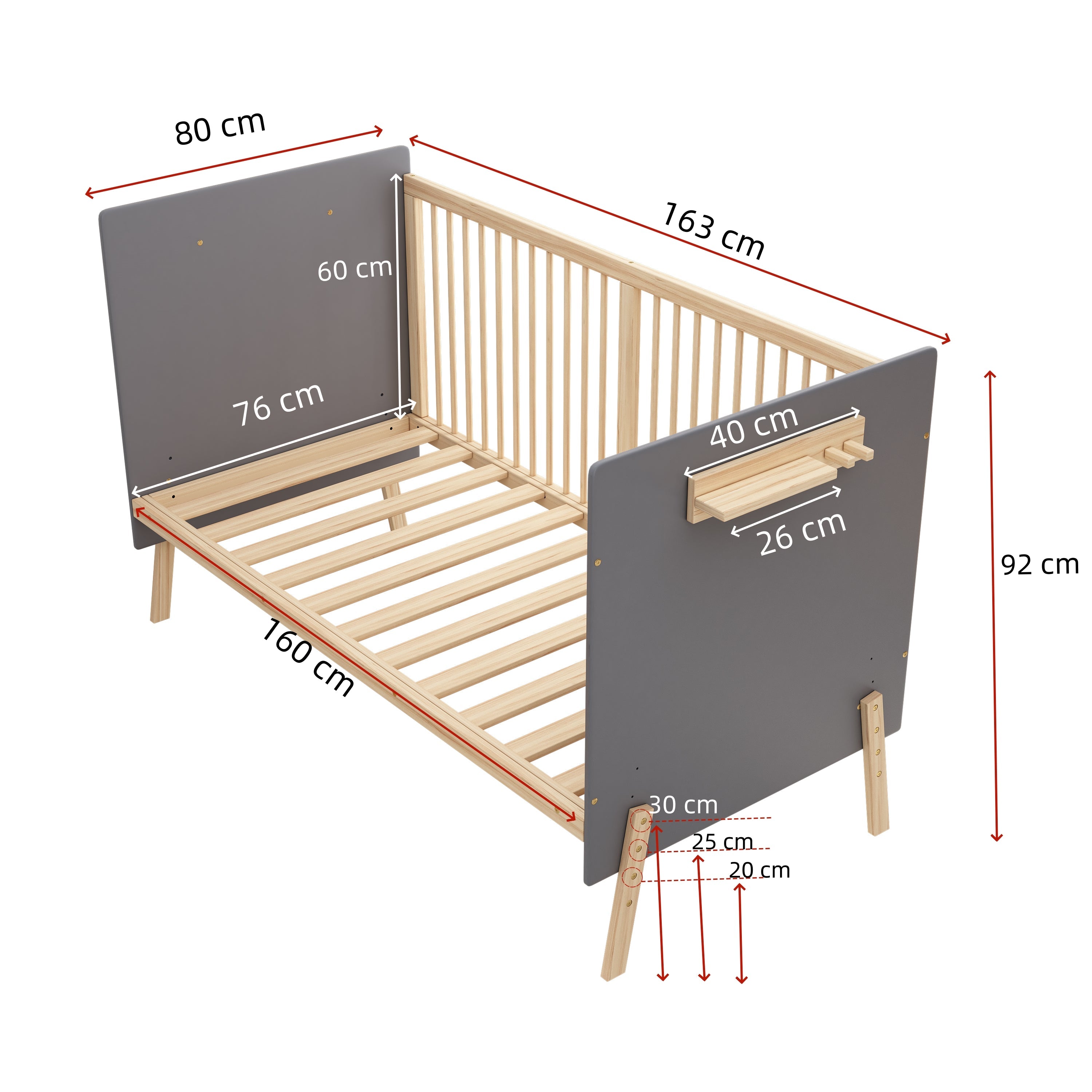 Solid Wood Baby Bed Adjustable Children's Cot/Sofa Bed 3-Stage Height Blue-Grey Natural Wood