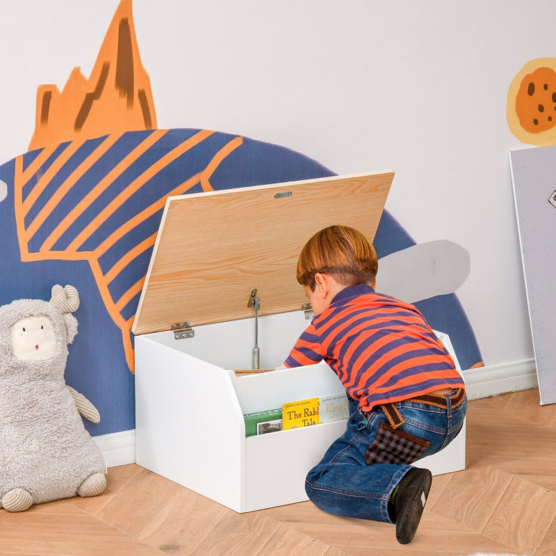 Wooden Kids Toy Box Storage Chest Organiser with Book Slot & Safety Hinge, White Engineered Wood
