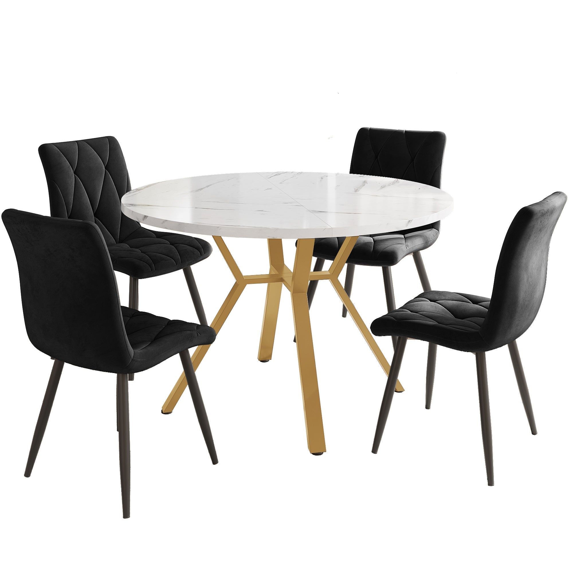 Dining Set 5-Piece Round Marble Table & 4 Velvet Chairs Gold Legs - Black