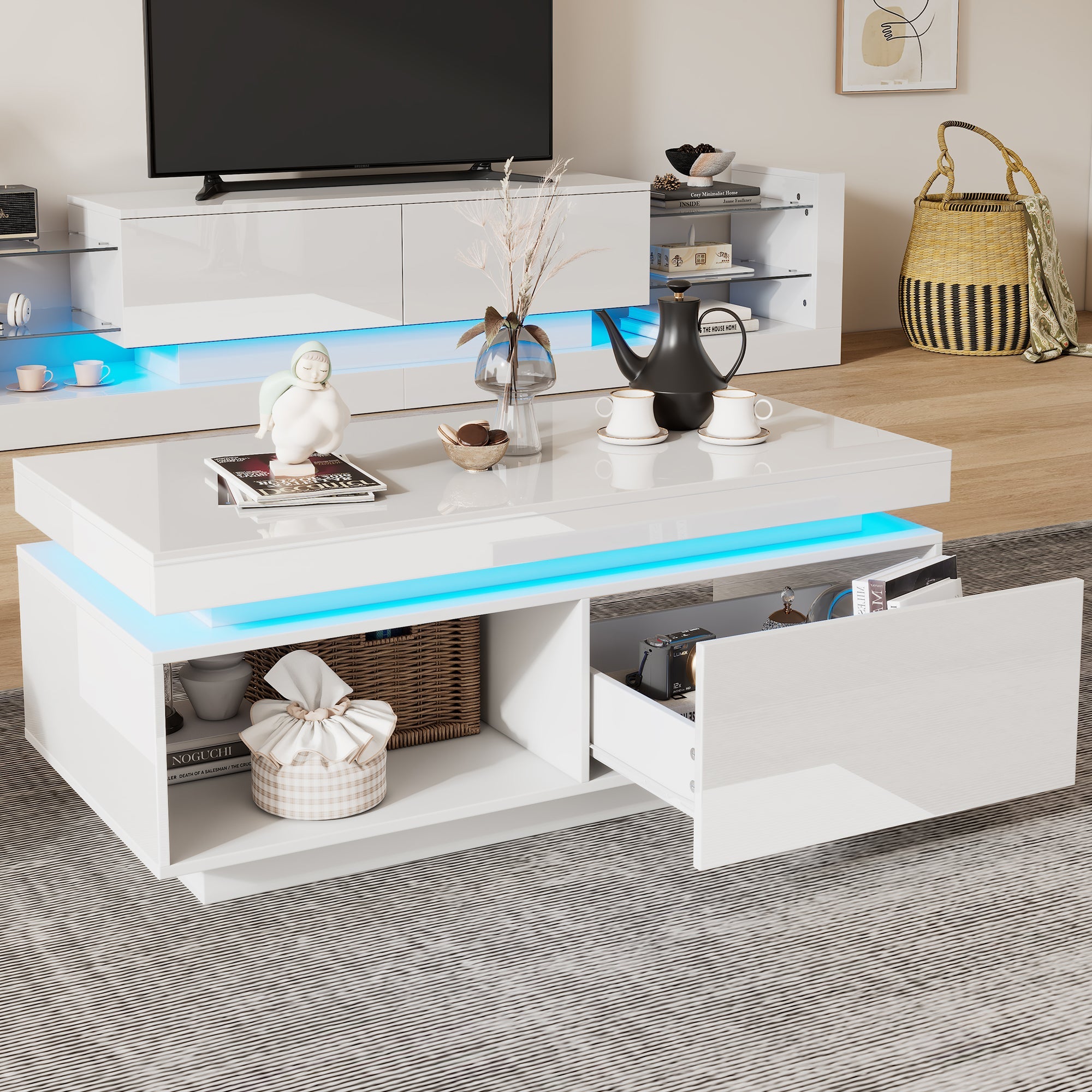 Modern high-gloss coffee table with LED lighting and drawer, 50 kg capacity