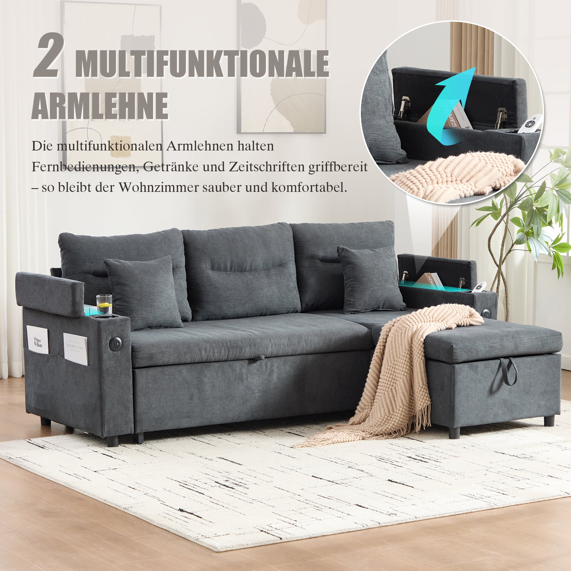 3-Seater Sofa Bed with Storage, Cup Holders and USB-C, Linen Fabric