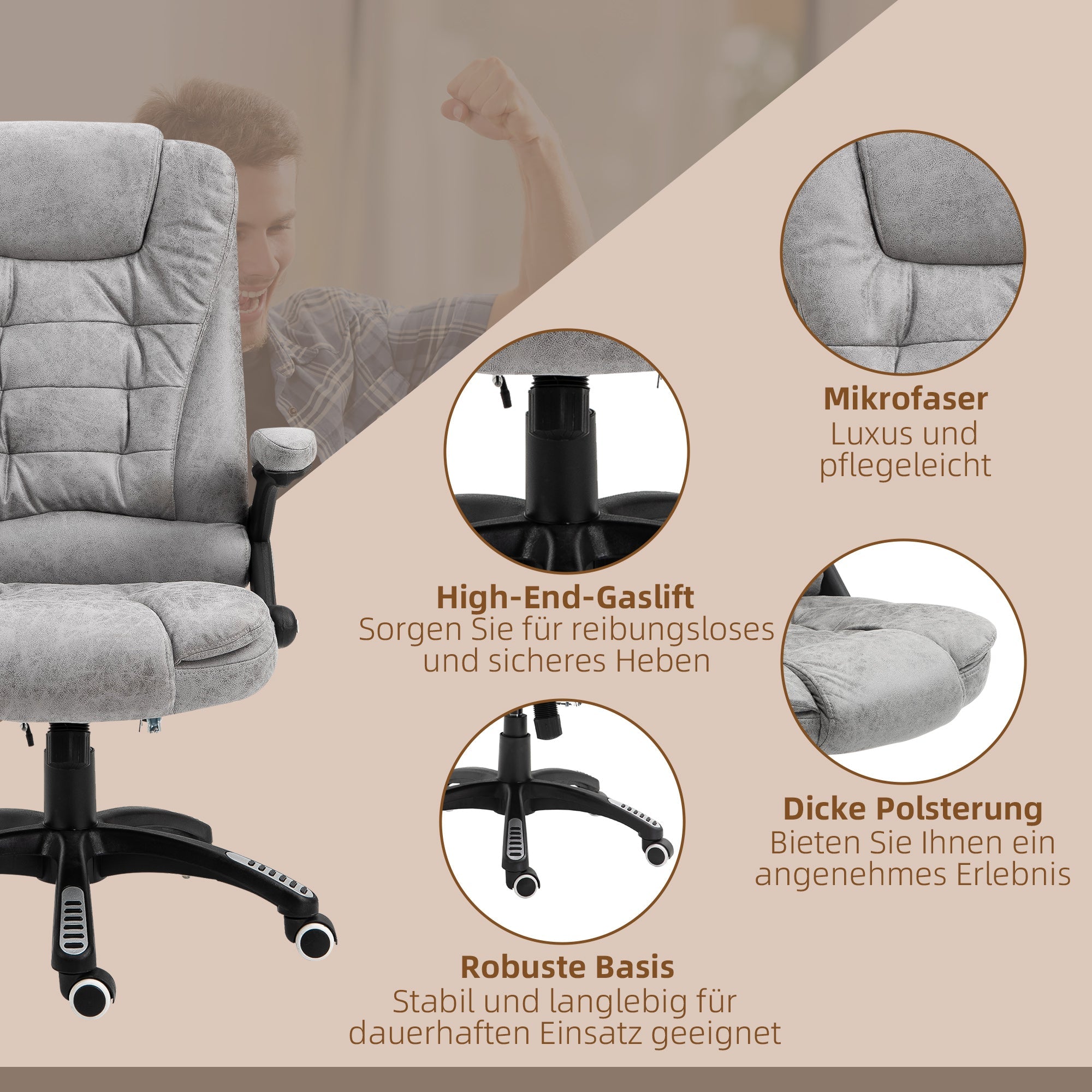 Office Chair Ergonomic Massage Heat Function Adjustable Smooth Movement, Grey