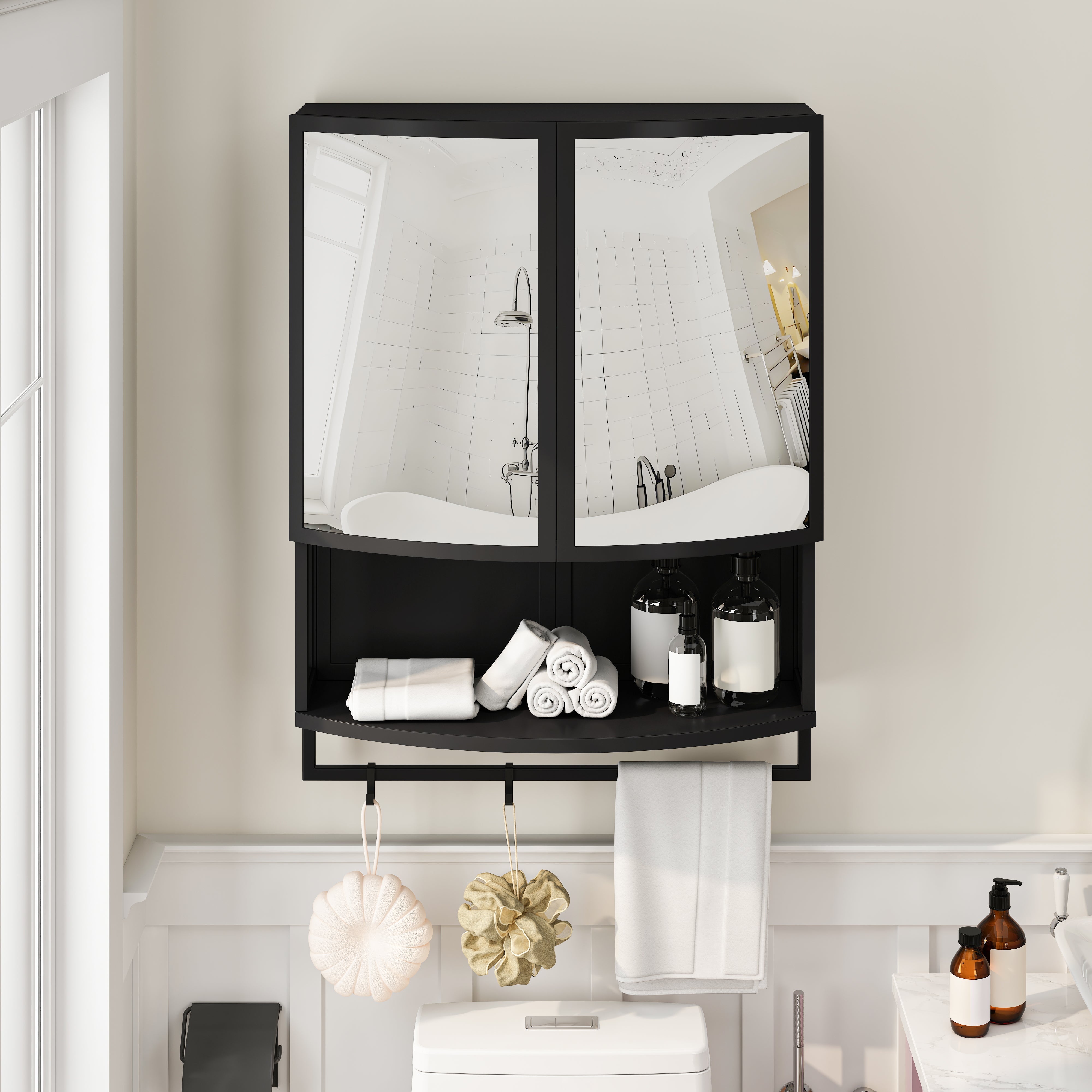 Modern Wardrobe 60CM Arched Glass Double-Door Storage Shelf Black