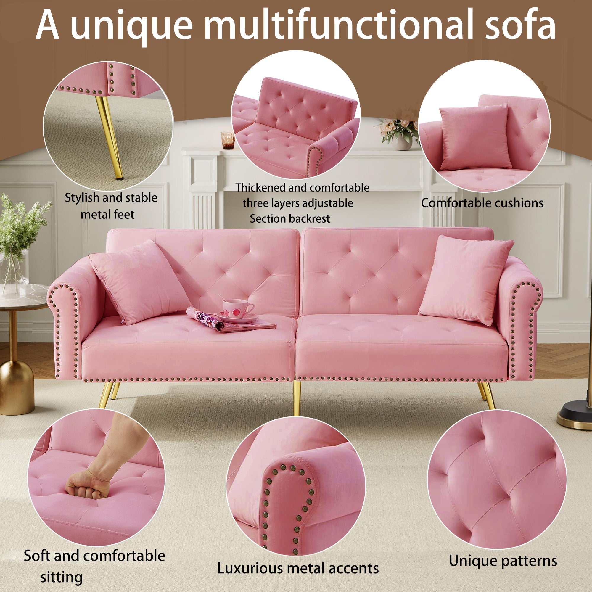 Modern 2-Seater Sofa Bed, Adjustable Backrest, Gold-Plated Metal Feet, Velvet