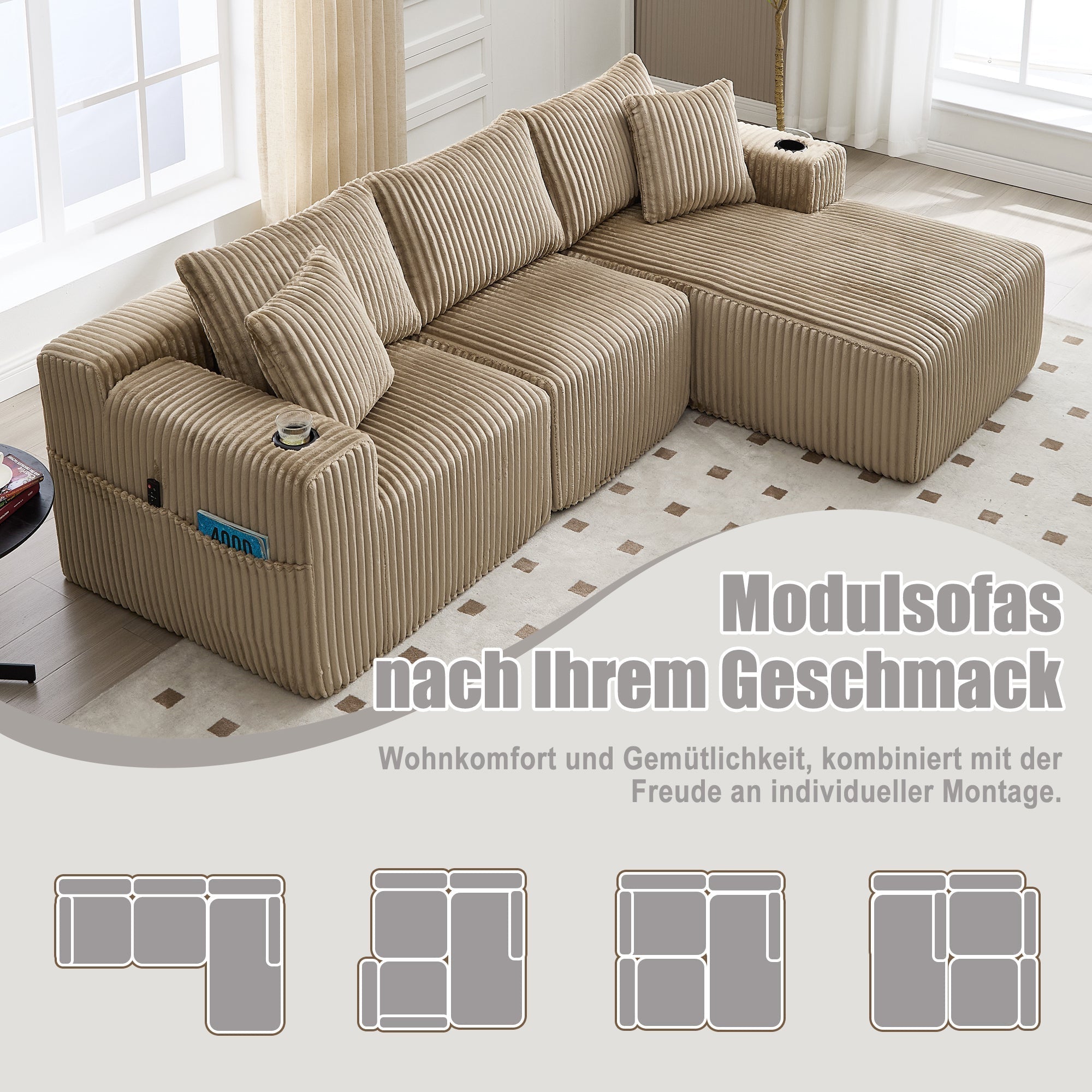 Modular Sofa Set Chaise & 2-Seater, 5 Cushions, Drink Holders, Corduroy Fabric