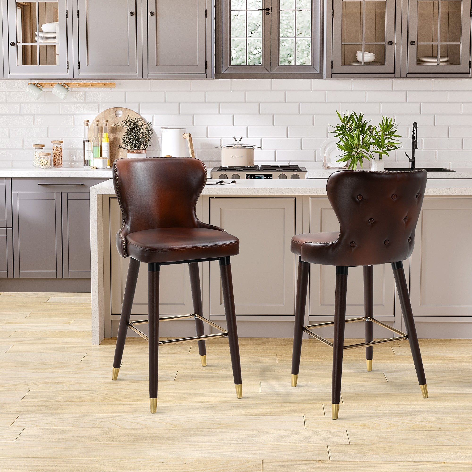 Bar Stools Set of 2, Counter-Height Kitchen Stools with Back, Brown PU Leather