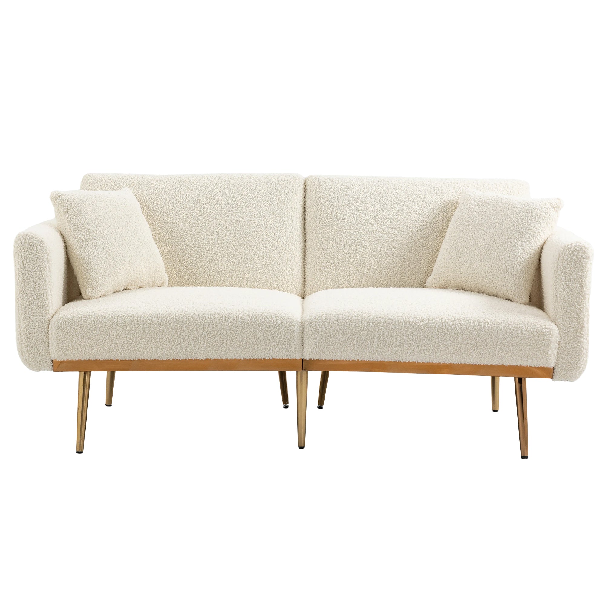 GOMYWAY Modern 2-Seater Sofa 3-Speed Adjustable Backrest Gold Metal Legs White Teddy
