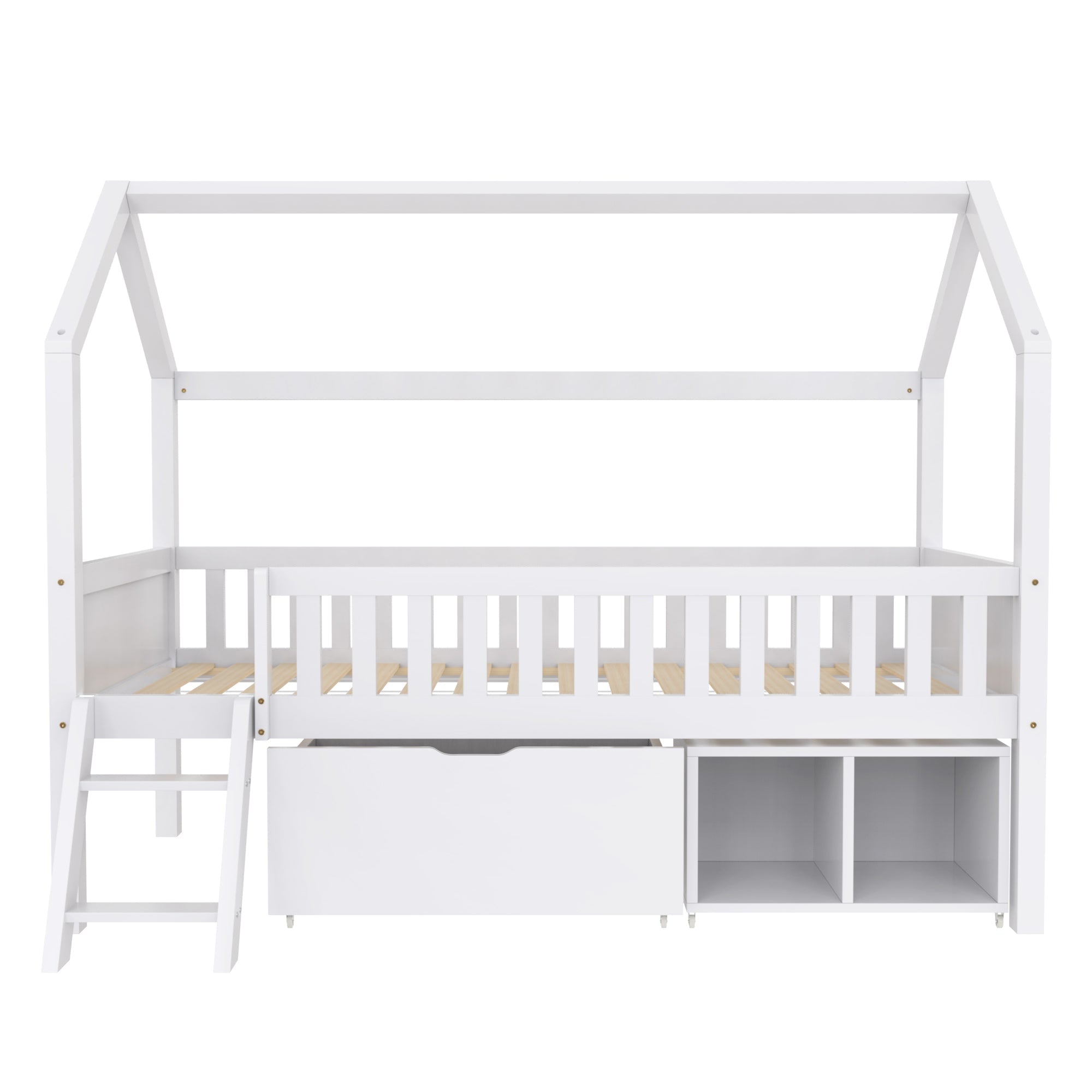 House Bed for Children and Youth 200x90 with Drawers, Storage and Anti-Drop Railing, White Pine