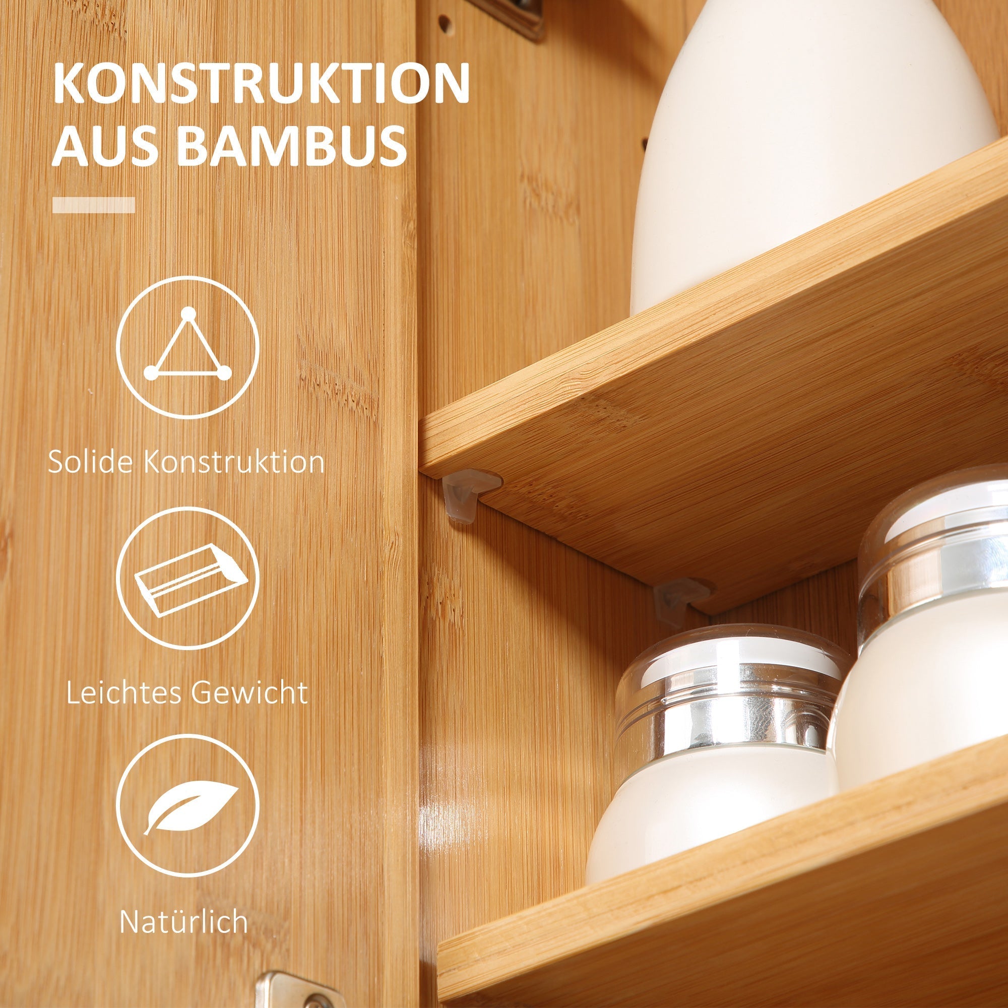 Bathroom Mirror Cabinet Double Door 3 Shelves Wall-Mounted Bamboo Natural