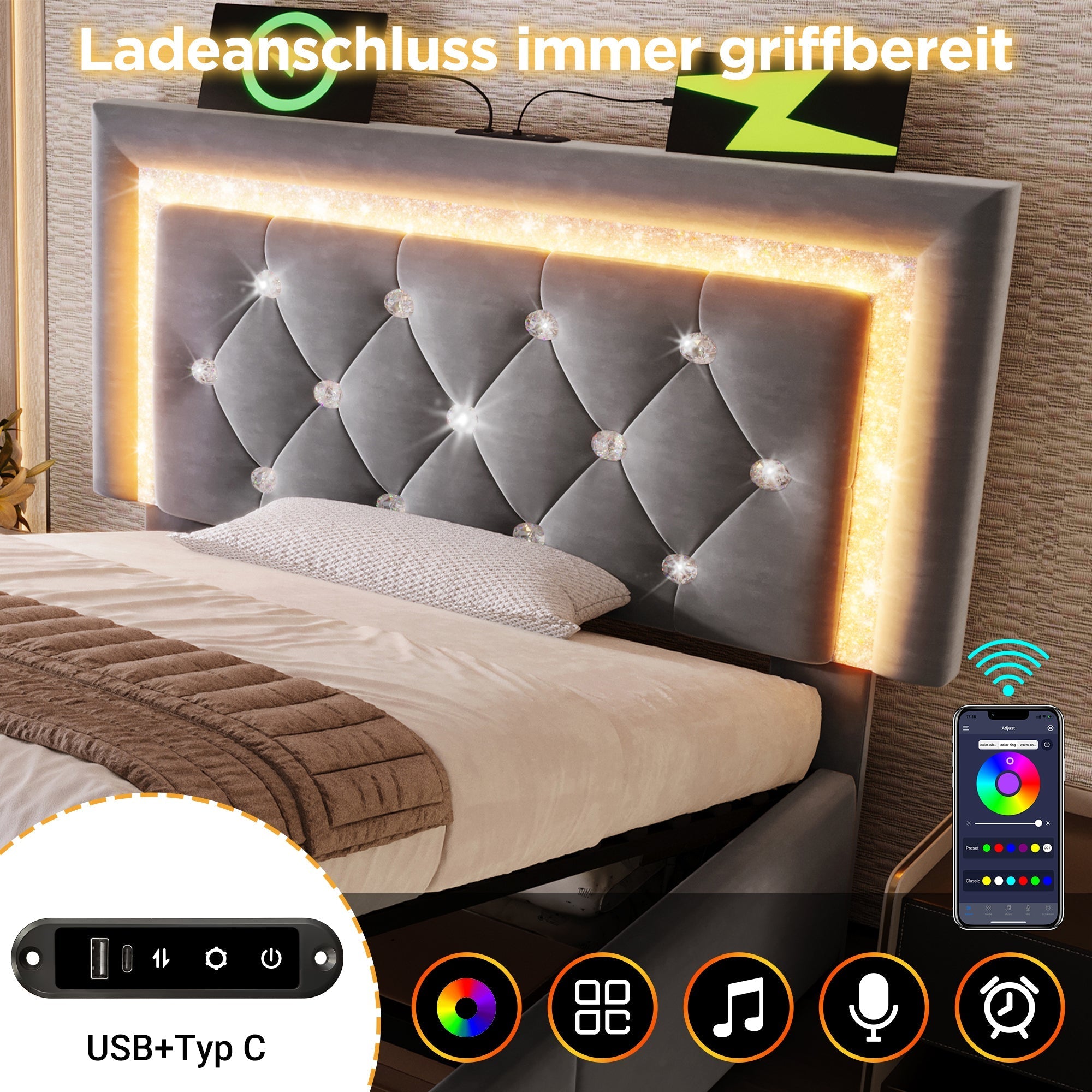 Upholstered Single Bed 90x200cm Hydraulic Storage LED USB/Type-C Charging - Velvet Grey