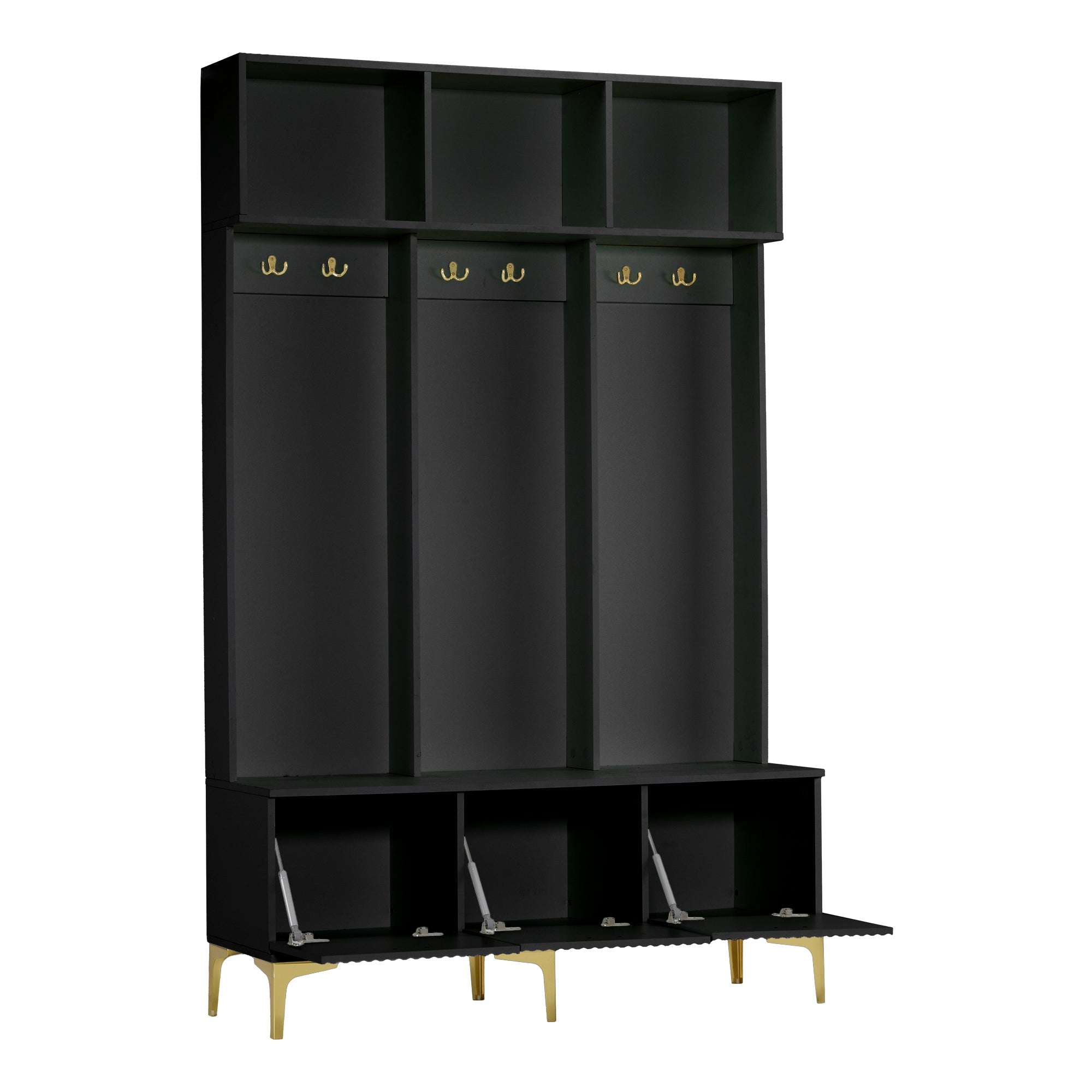 Wardrobe Set with Bench, Multifunctional Storage, Open Storage, 6 Golden Hooks, Black