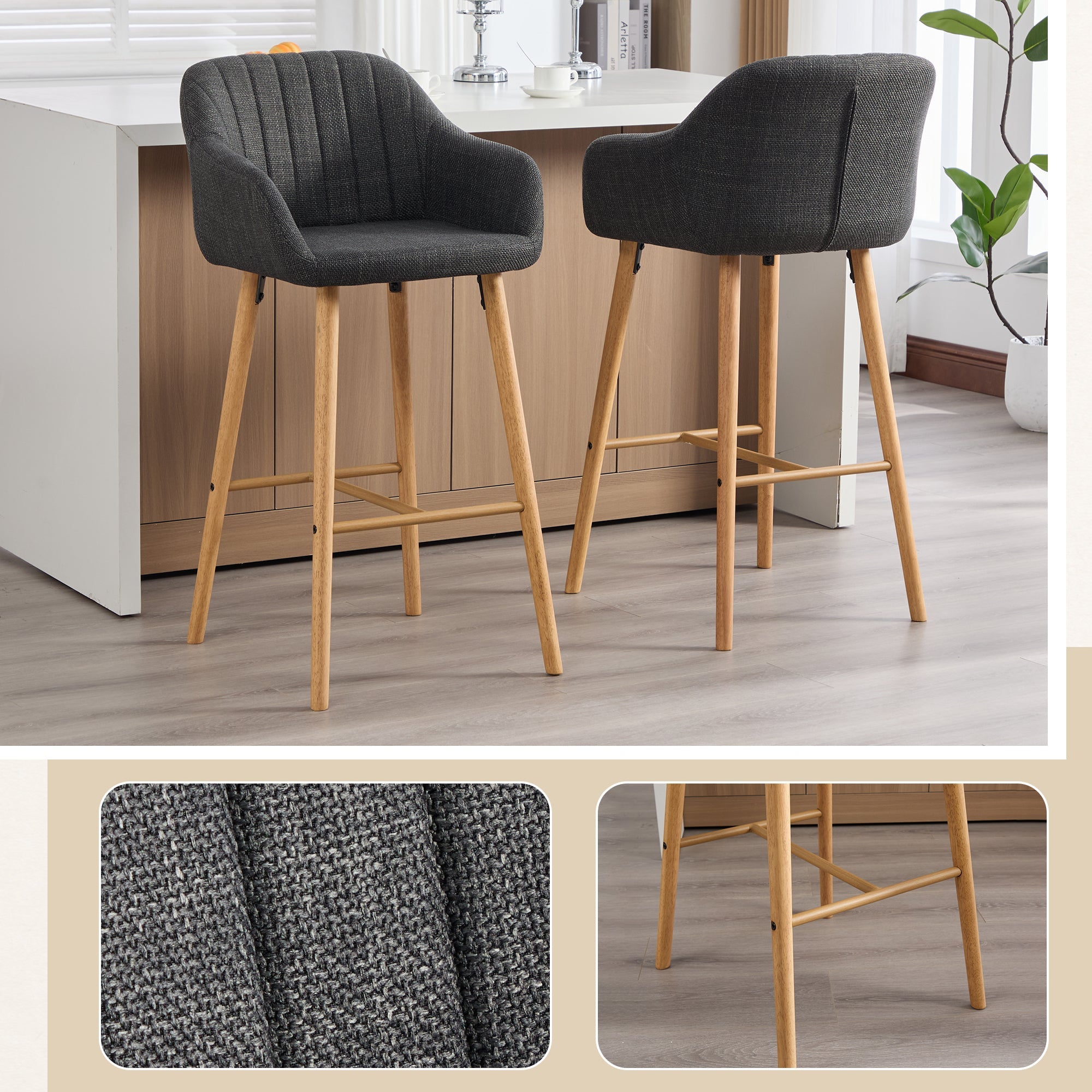 Modern European Bar Stools with High Backrest and Armrests, Set of 2, Beige Linen