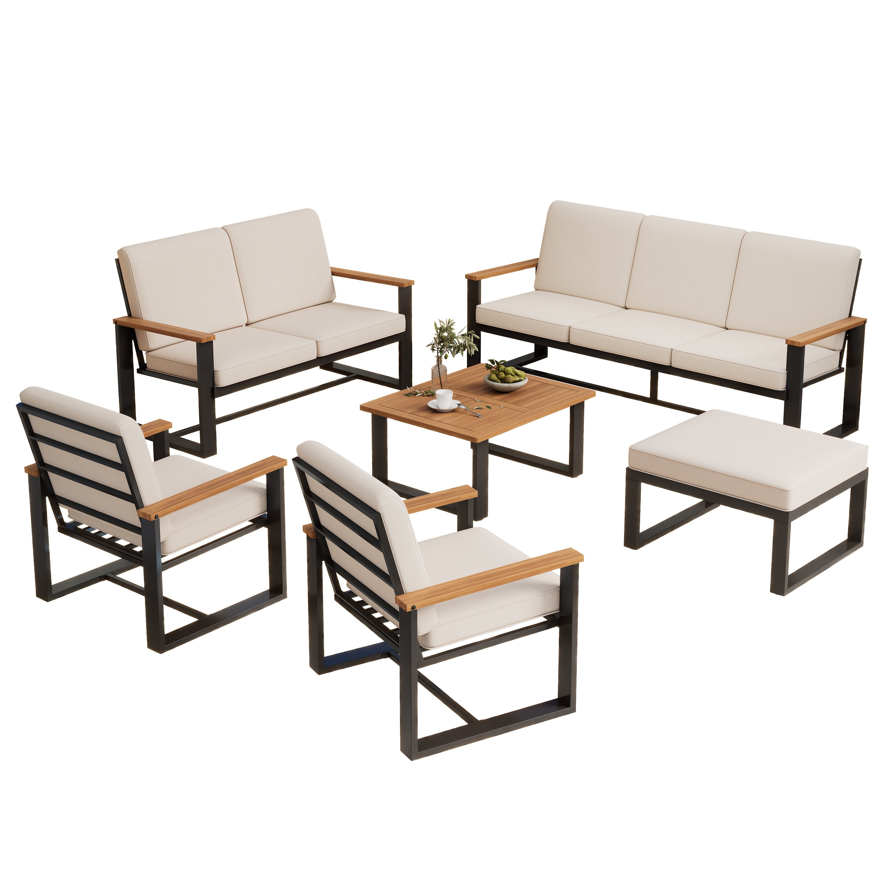 Garden Furniture Set with 1 3-Seater Sofa, 1 2-Seater Sofa, 2 1-Seater Sofas, Coffee Table and Footstool, Beige Galvanized Steel and Acacia Wood