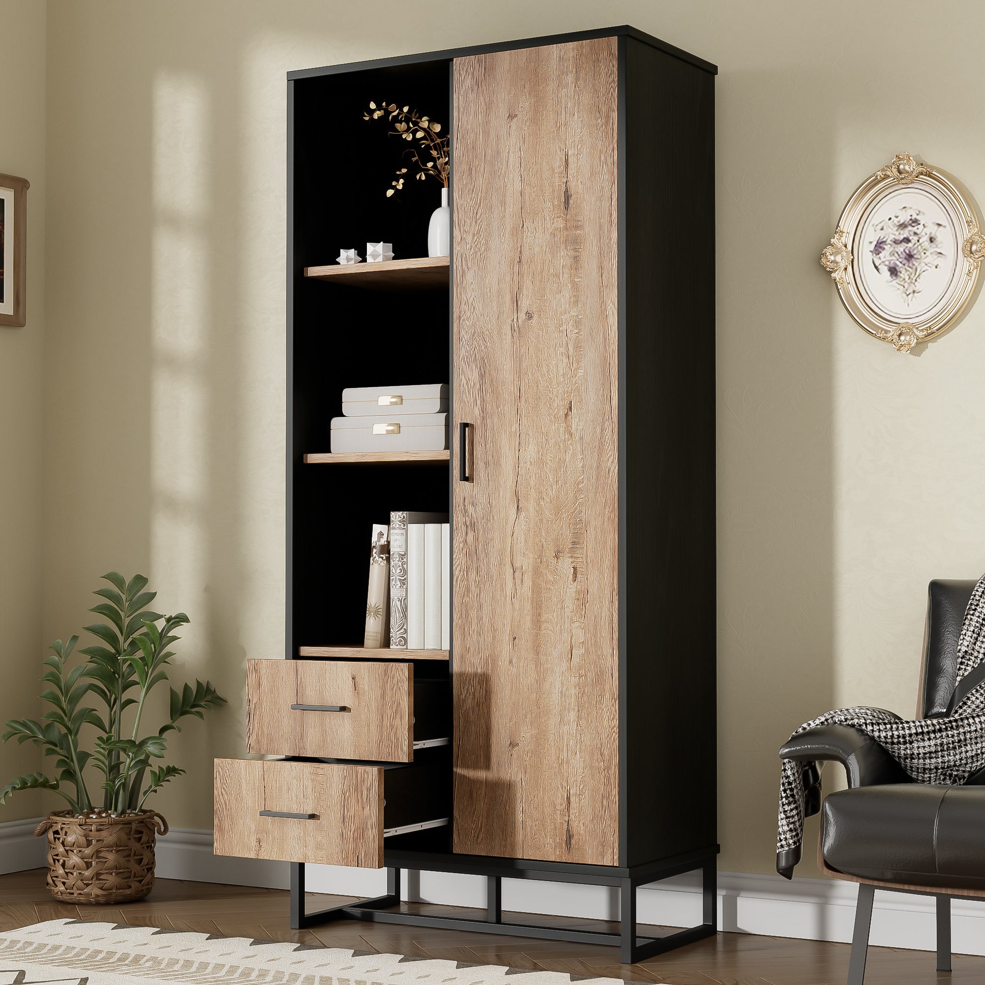 Highboard Cabinet with Door, 2 Drawers & 3 Open Compartments, Wood Look & Black Frame