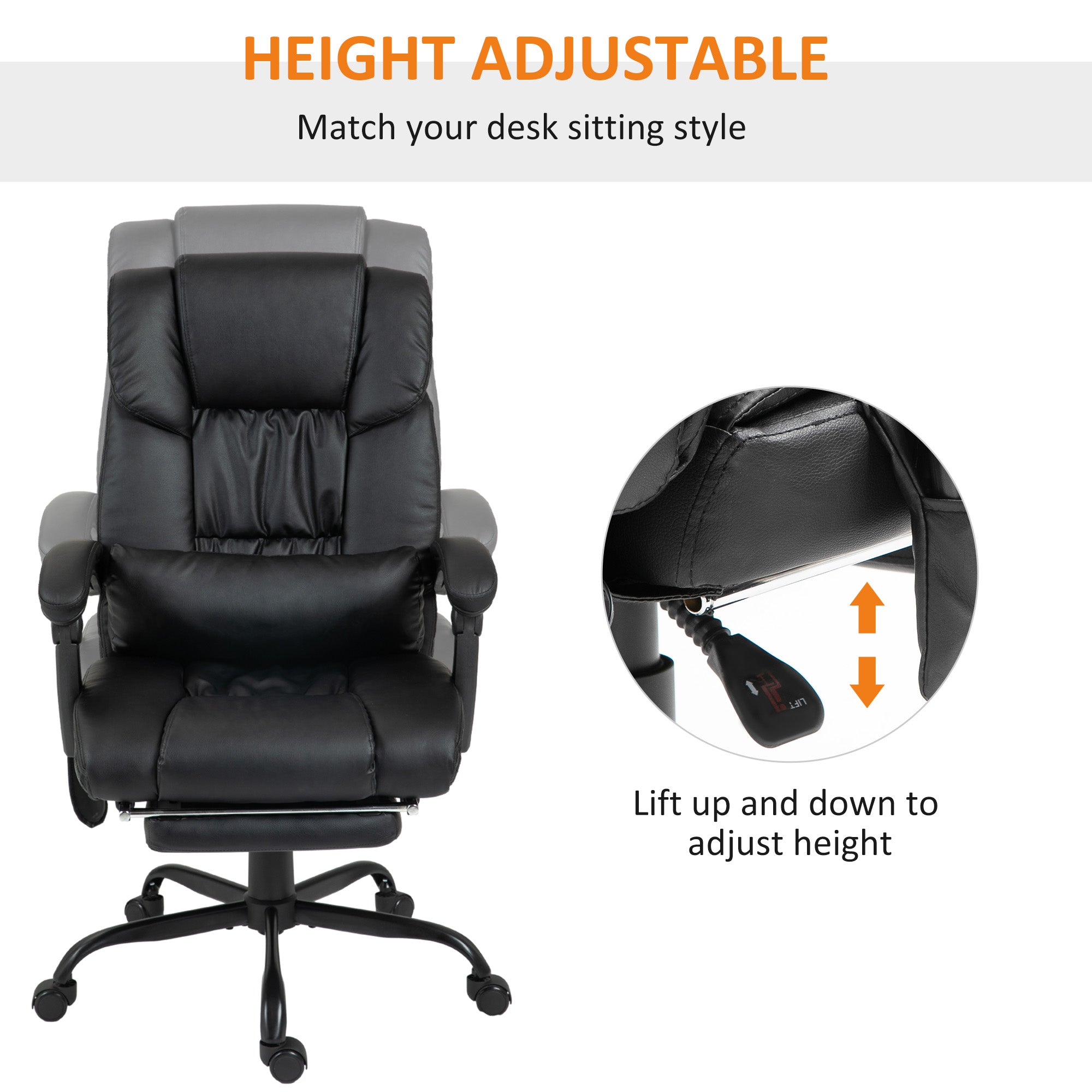 Office Chair, 6-Point Massage Adjustable Height Footrest, PU Leather Black