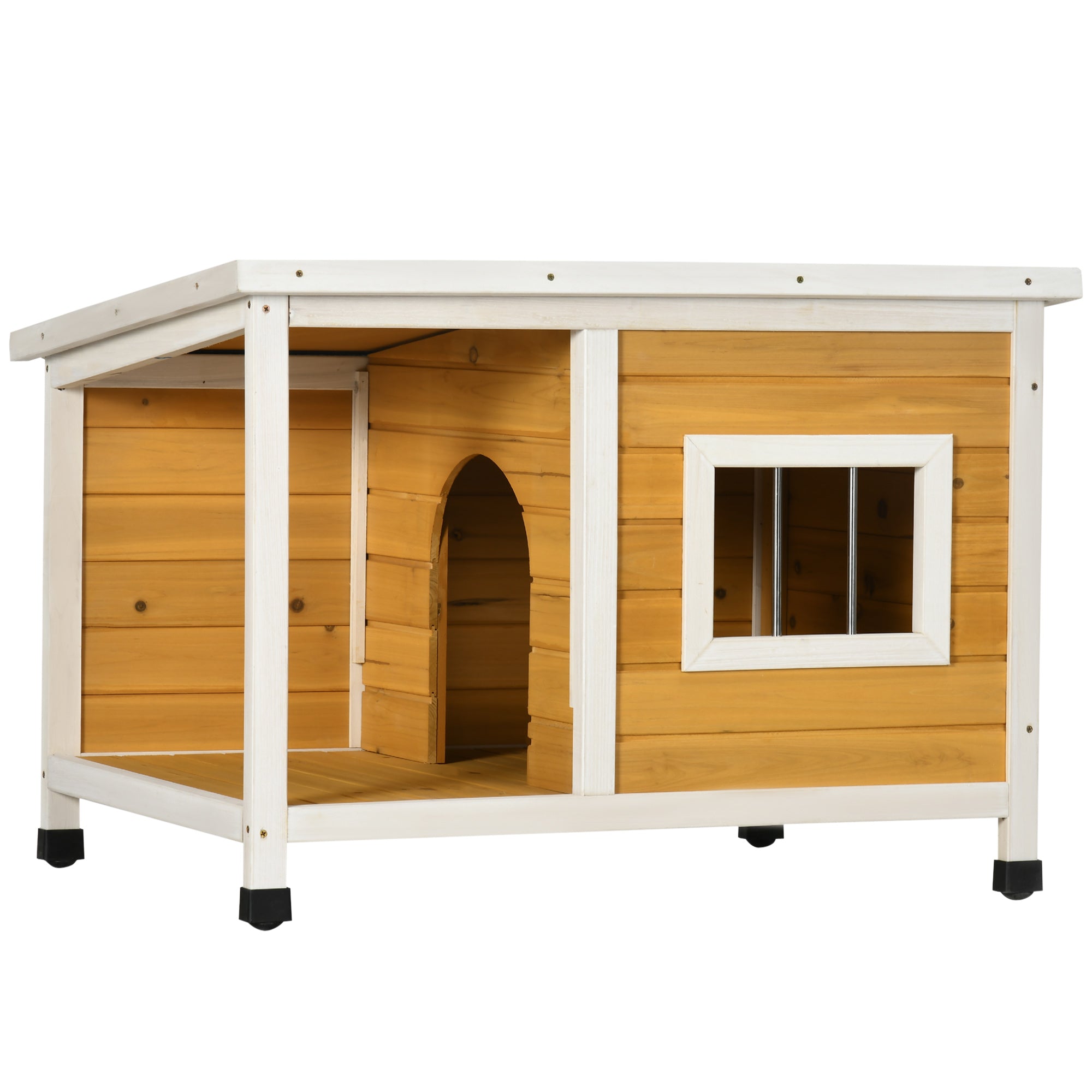 Doghouse with Veranda, Hinged Roof & Adjustable Feet, Natural Wood Orange