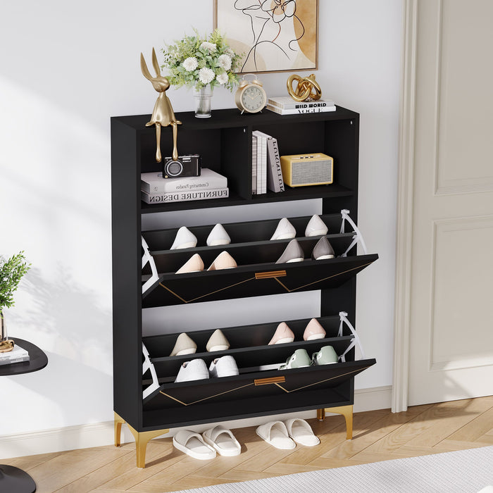 Shoe Cabinet 80x25x117cm Drop-Down Doors Storage Shelves Raised Legs, MDF+Metal