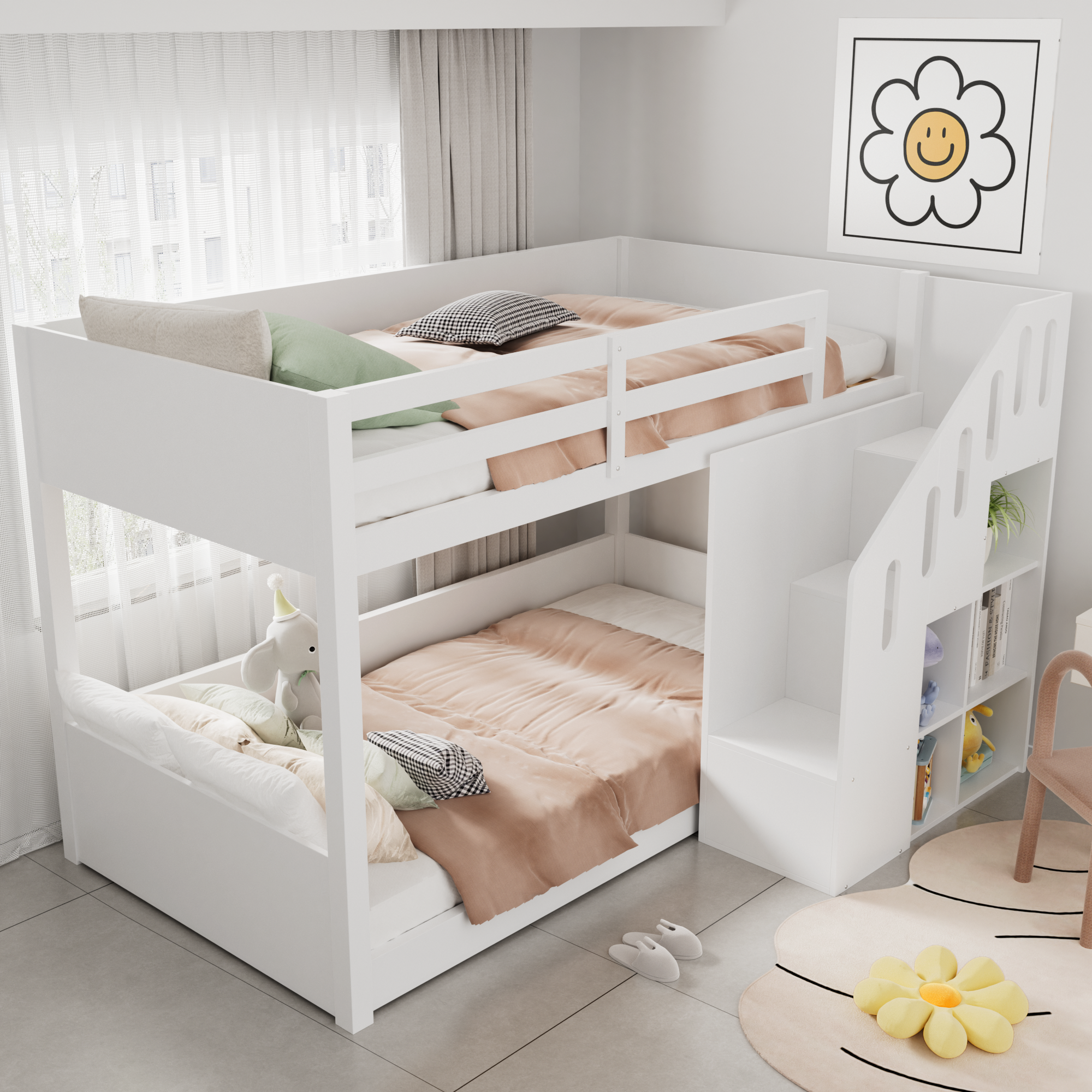 Children's Bunk Bed, Multifunctional with Stairs & Storage, 2 Single Beds (3ft), White
