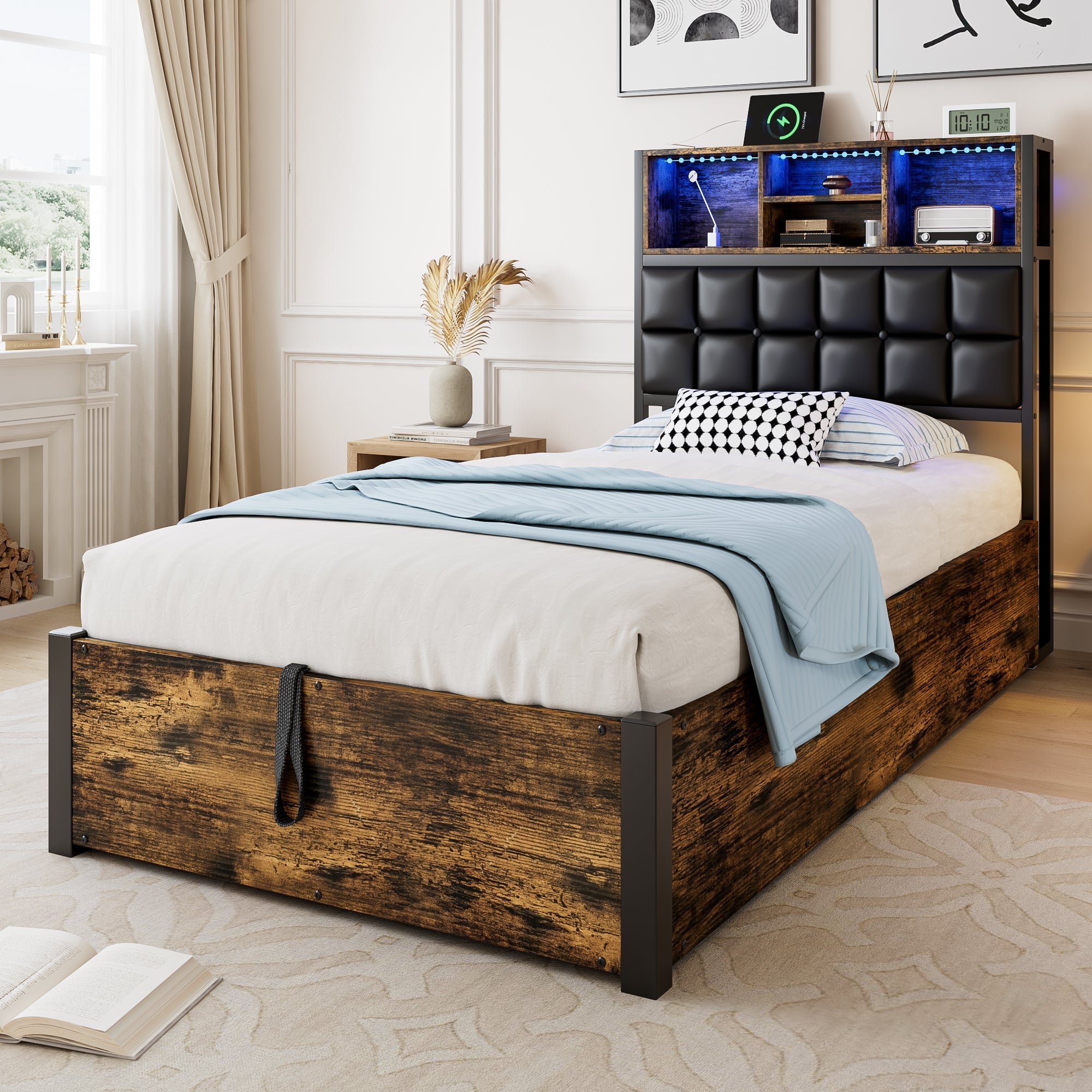 Hydraulic Metal Bed with Charging Port, LED Light, and Storage Headboard, Black + Wood
