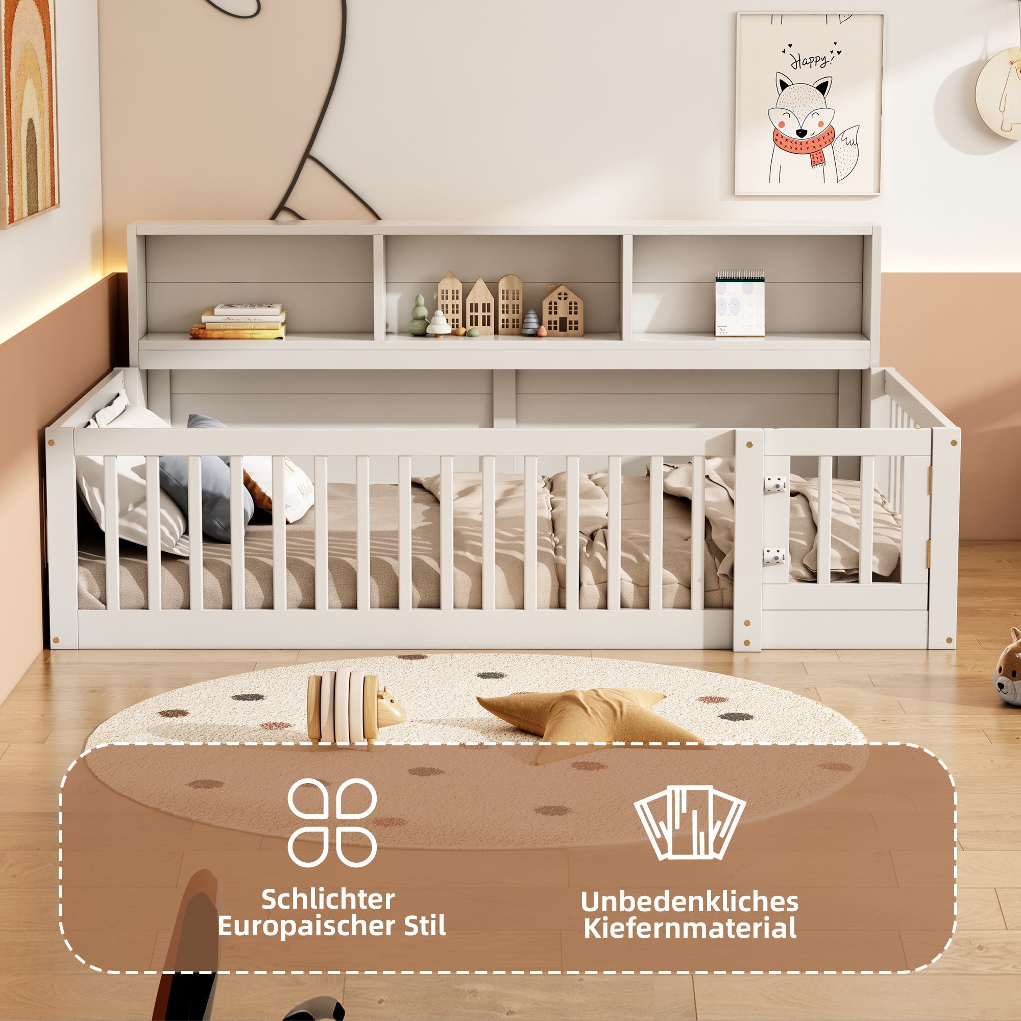 Daybed Sofa Bed 90x200cm Storage Compartment Railing - Pine Wood White