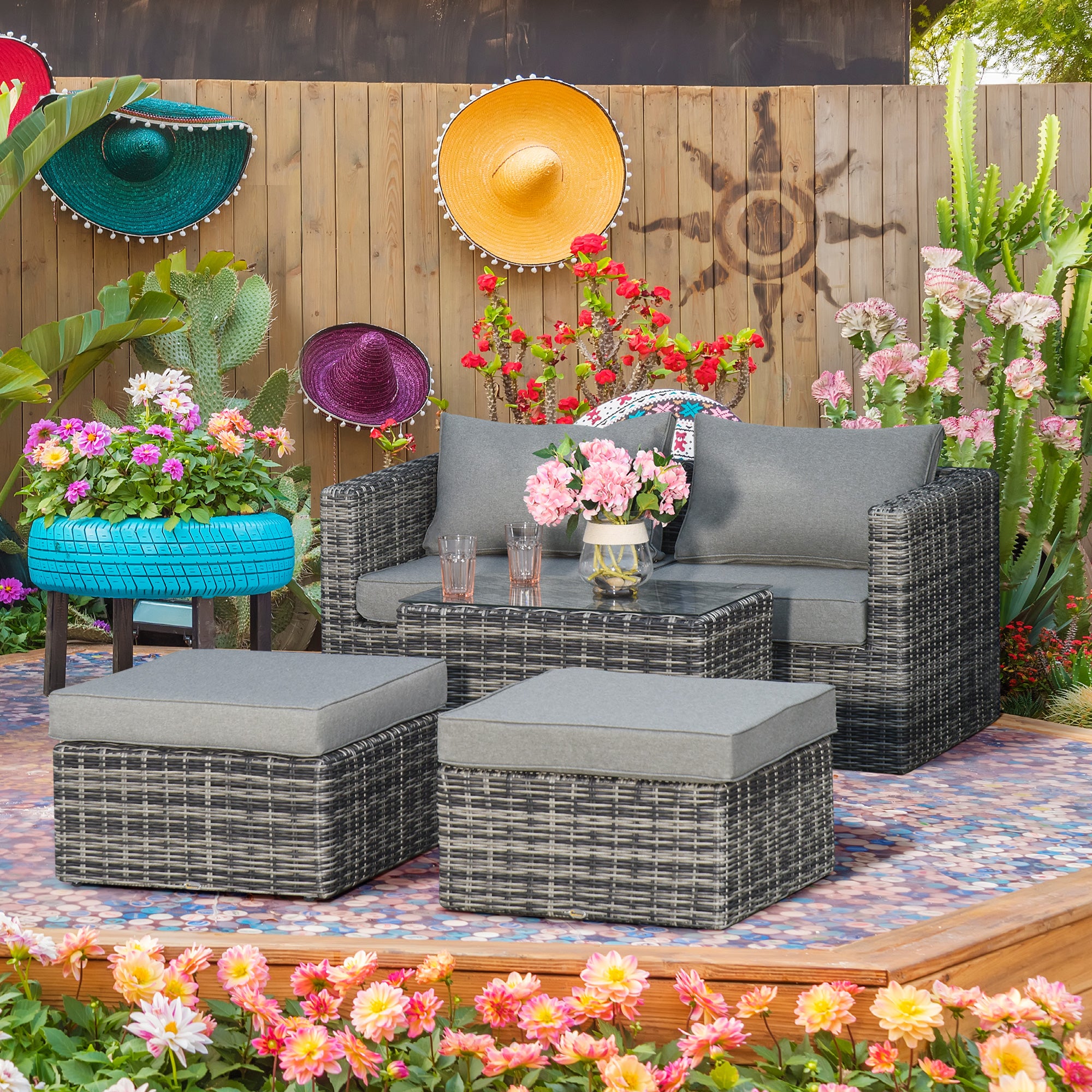 Five Piece Armchair Stool Table Set Rattan, Mixed Grey