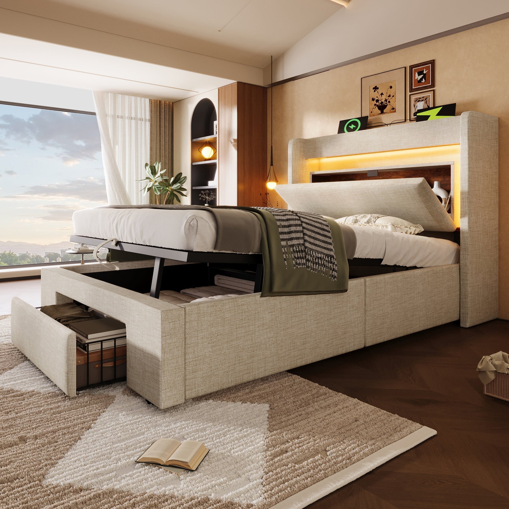 Upholstered Bed with Hydraulic Storage and LED Headboard, 90x200 cm with Mattress, Beige Linen