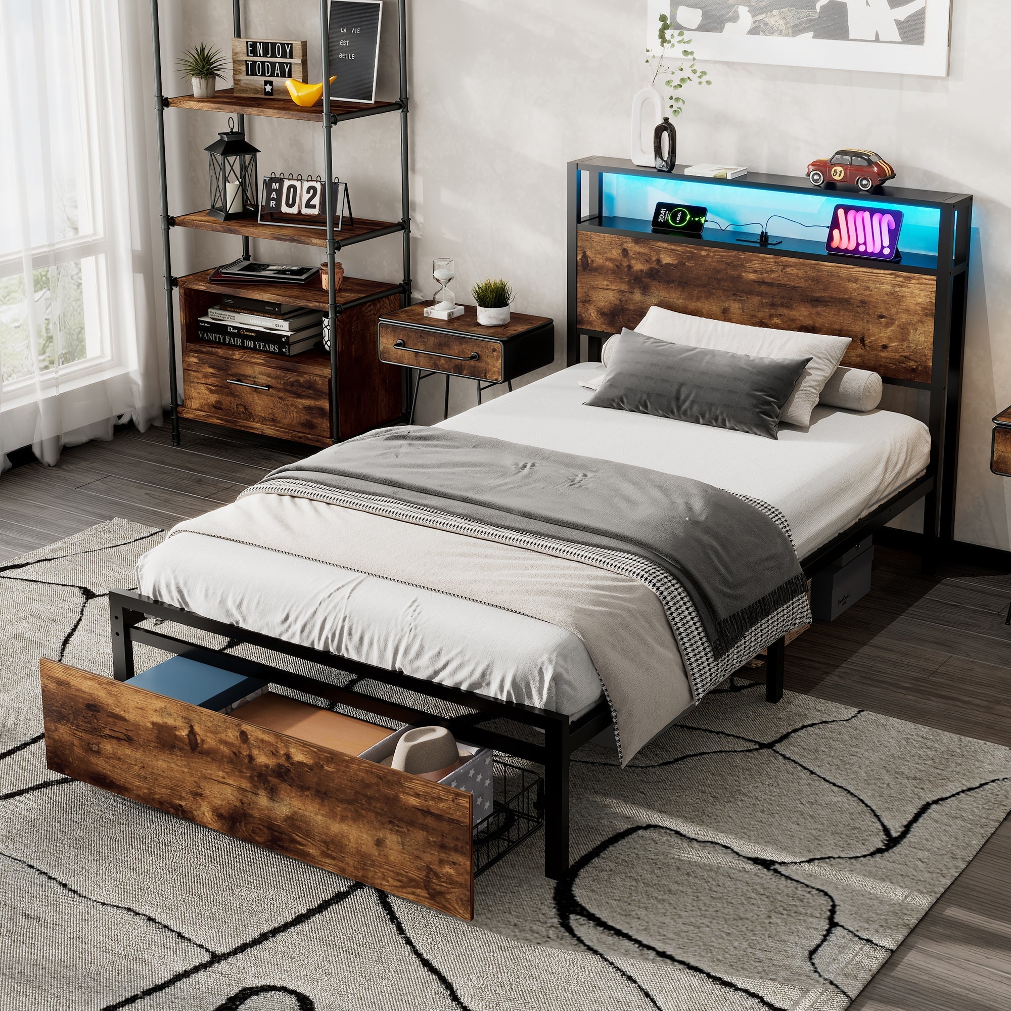 Metal Bed, 3FT Single with LED Light Strip & Drawer, Black & Walnut