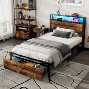 Metal Bed, 3FT Single with LED Light Strip & Drawer, Black & Walnut