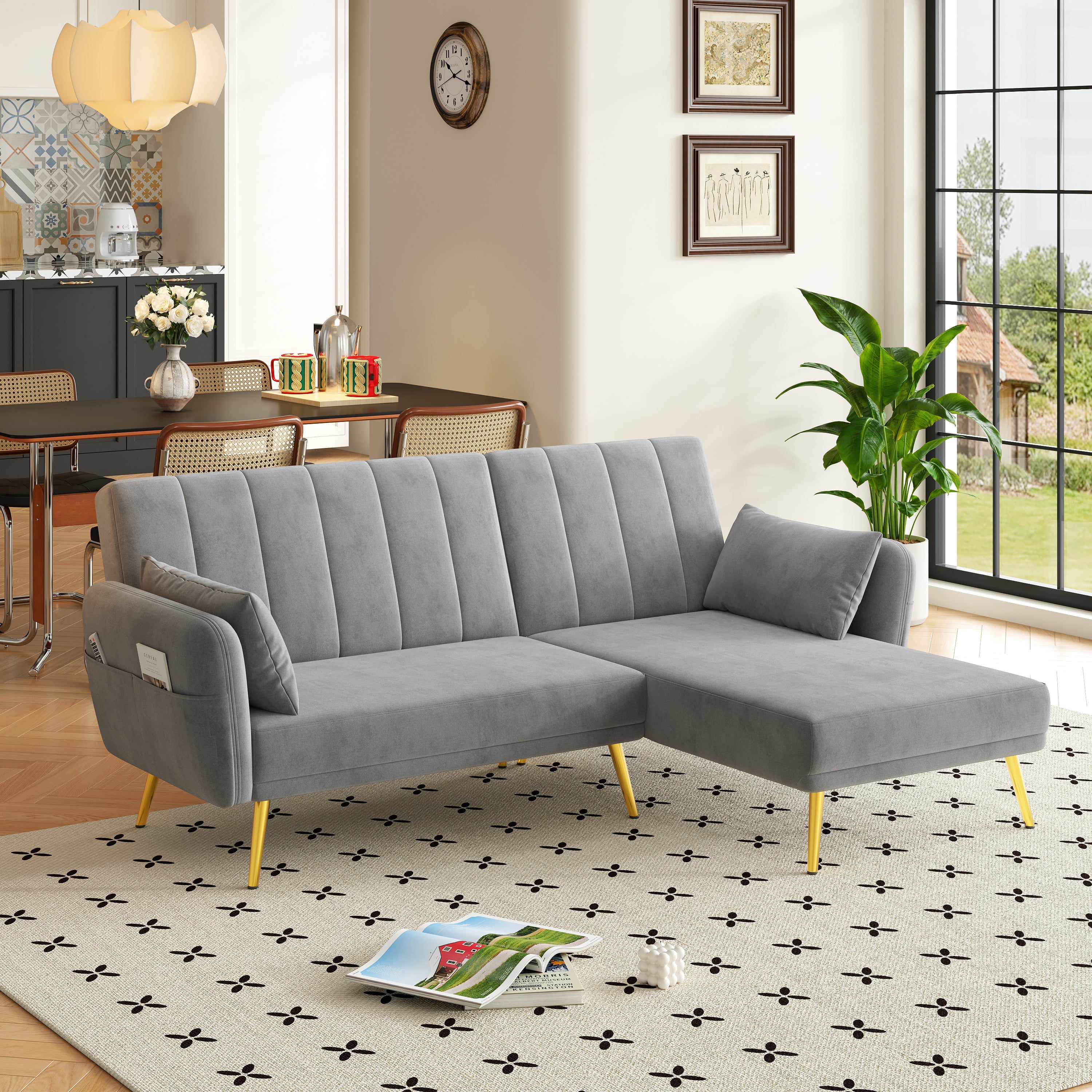 Modern L-Shaped Fold-Out Sleeper Sofa with 3-Position Adjustable Backrest, Velvet