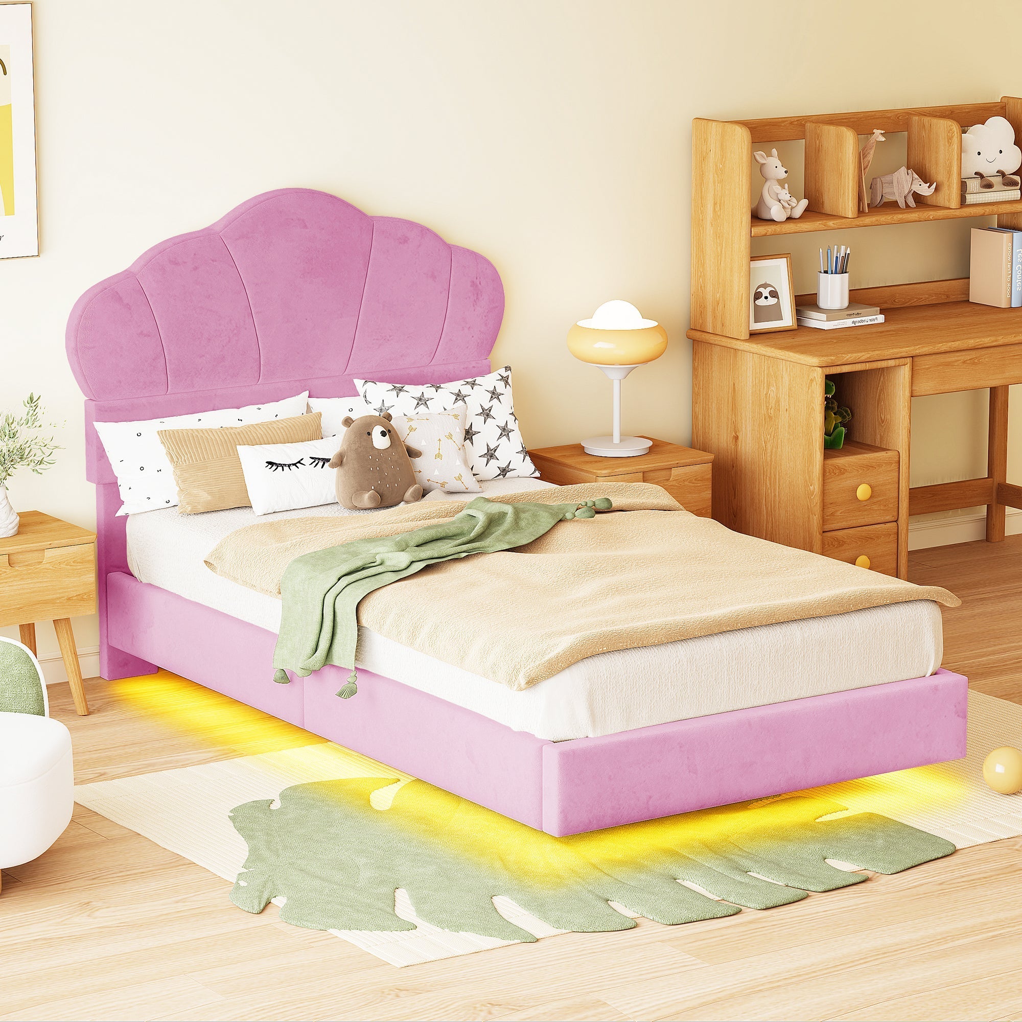 Upholstered Bed 90x200cm LED Cloud Headboard Children's Youth Velvet Pink