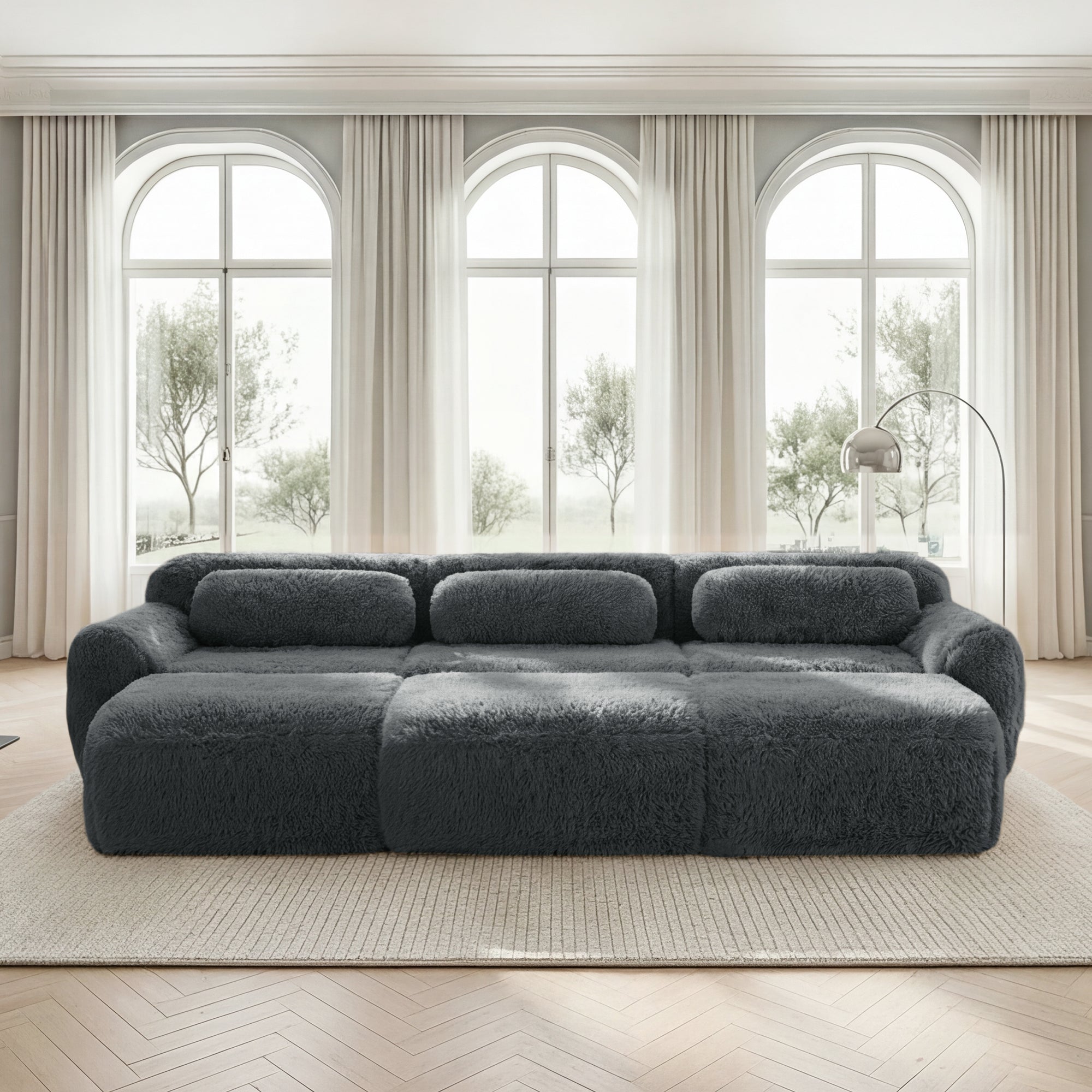 Boneless Cloud Modular Sleeper Sofa 3 Ottomans - Grey Plush Fabric