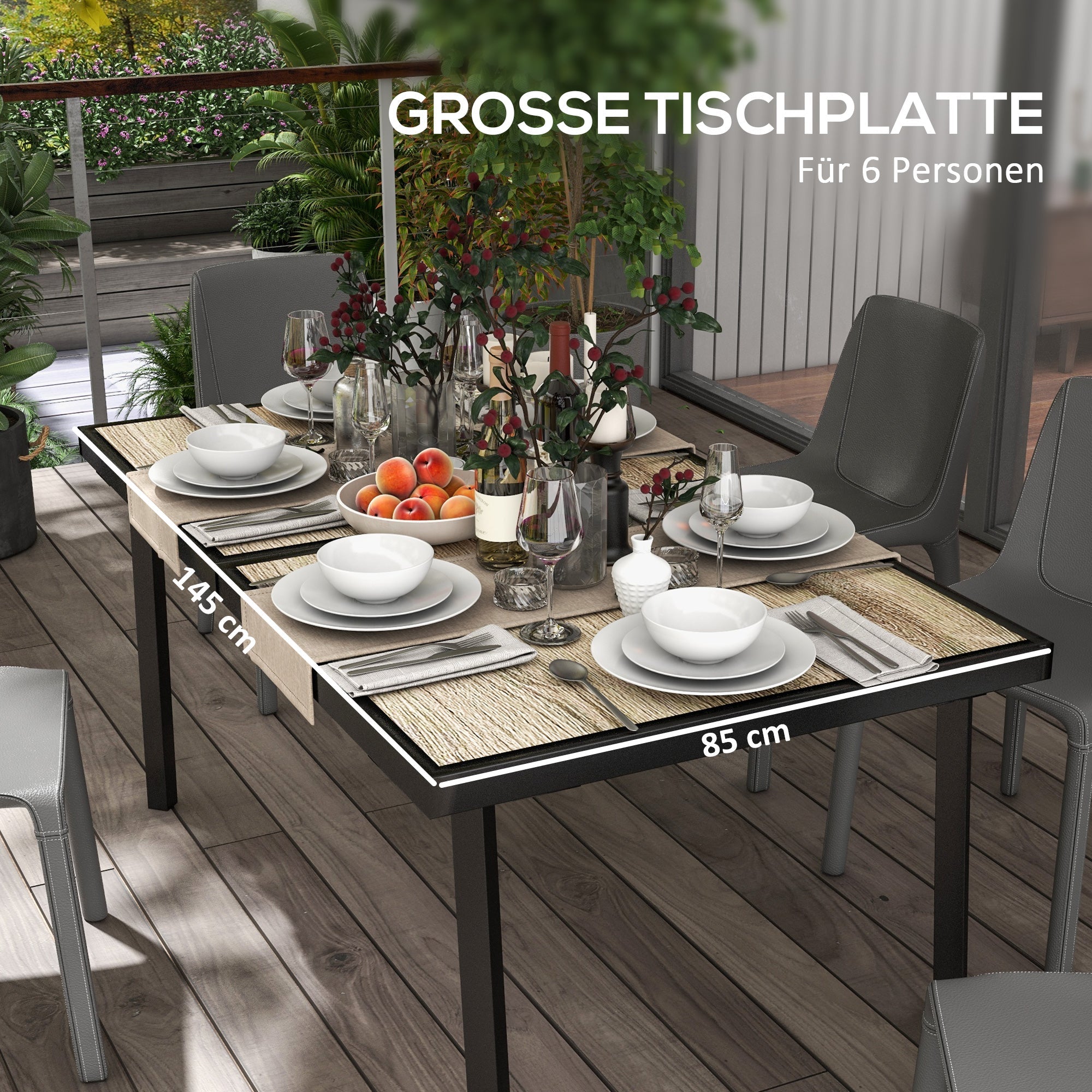 Garden Dining Table 145x85cm 6-Seater Wood Look Steel Frame, Grey