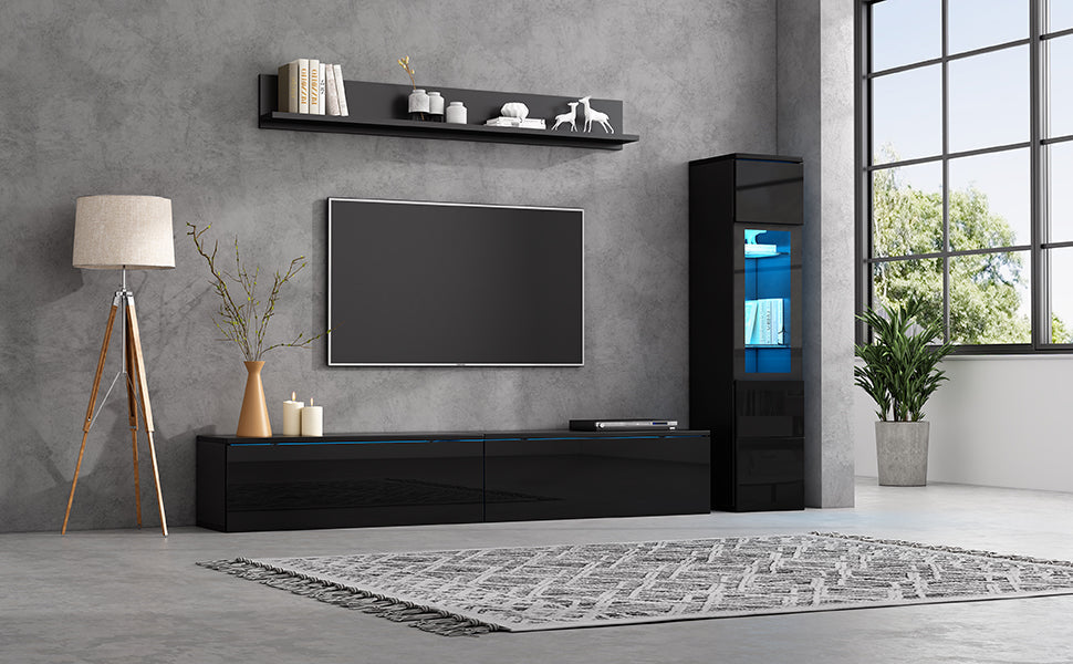 3-Piece TV Wall Unit Set High-Gloss LED Display Cabinet & Shelf Black