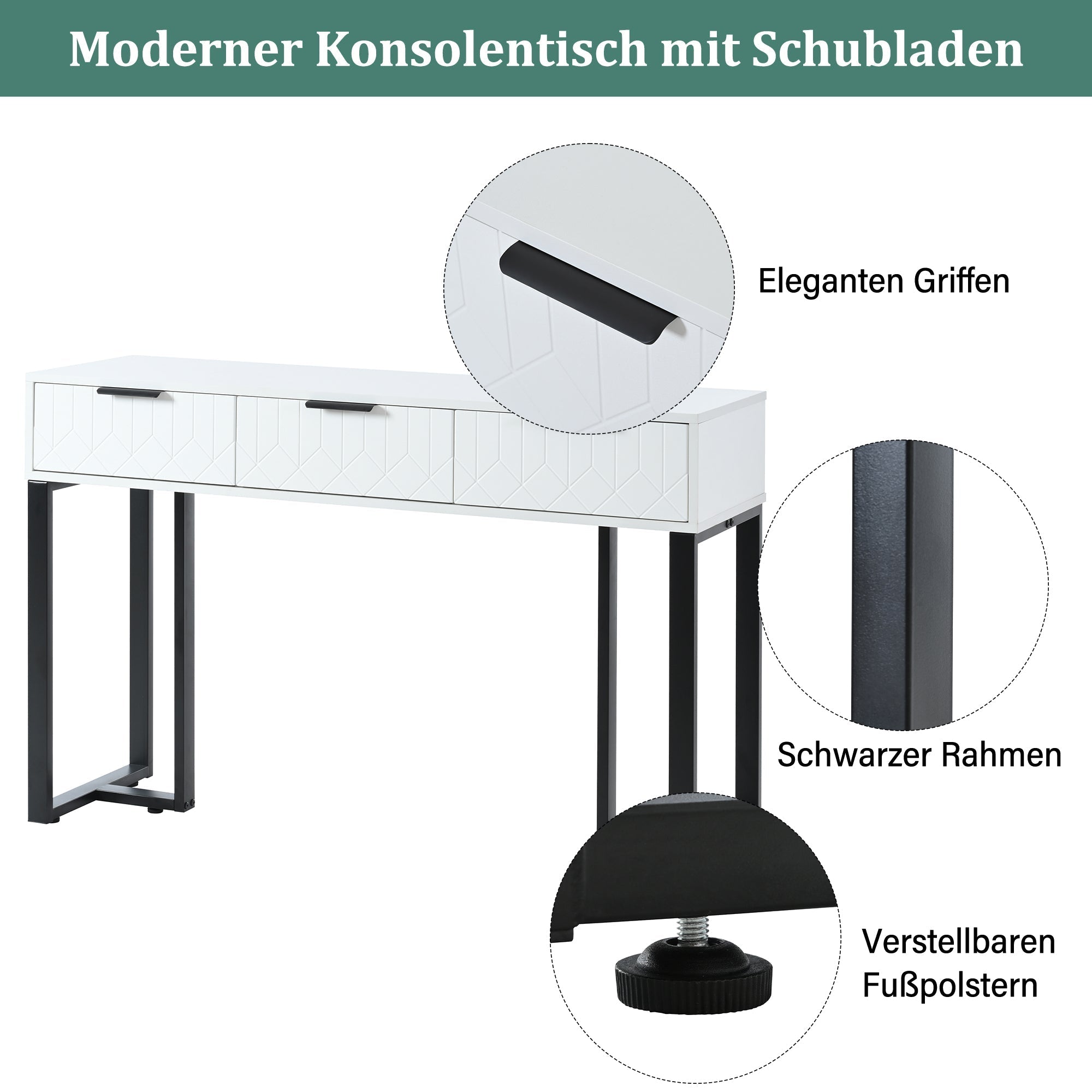 Modern Console Table with Drawers, Gold Frame, Adjustable Foot Pads, Elegant Handles (White+Black)