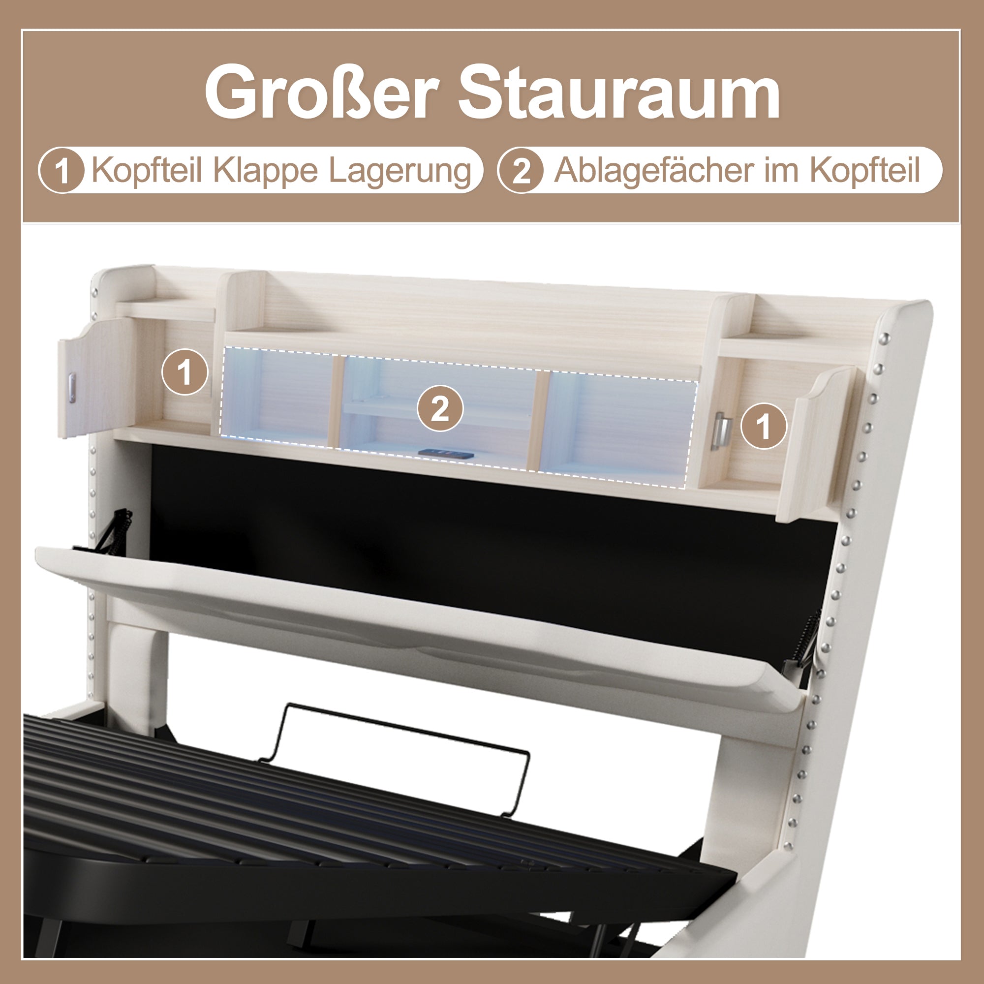 Upholstered Bed 140x200cm Hydraulic Storage USB-C LED Headboard Compartment Beige