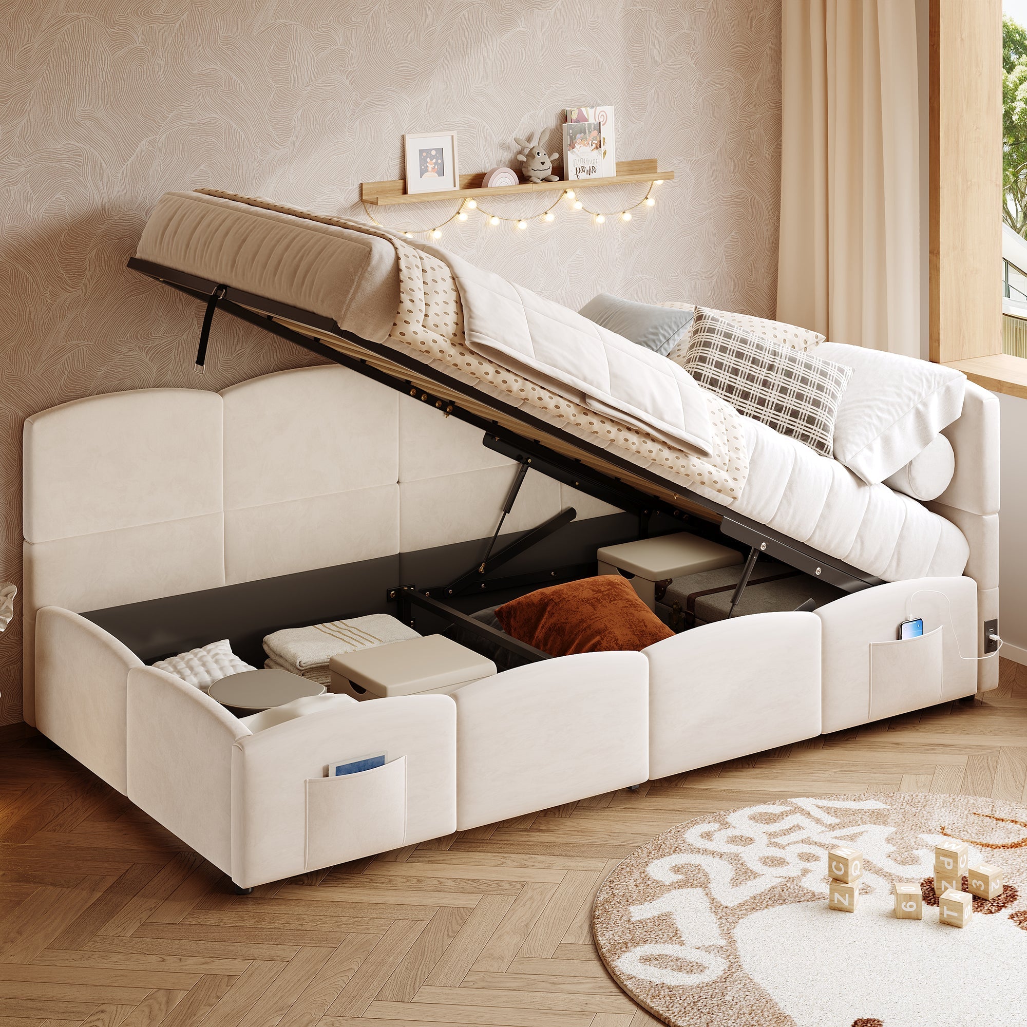 Upholstered Sofa Bed with USB Charger and Storage Bag, 90x200cm, Beige Velvet