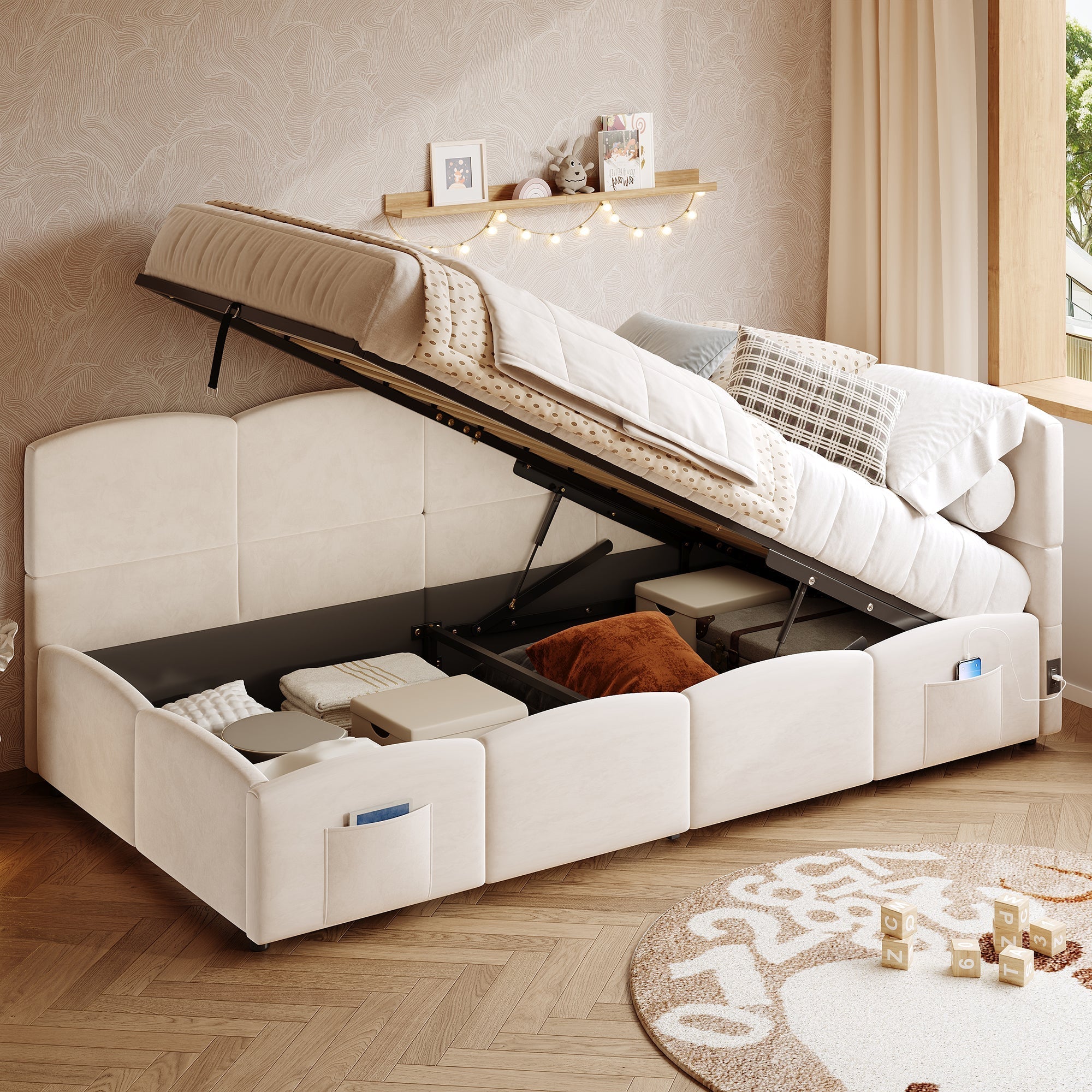 Upholstered Sofa Bed with USB Charger and Storage Bag, 90x200cm, Beige Velvet