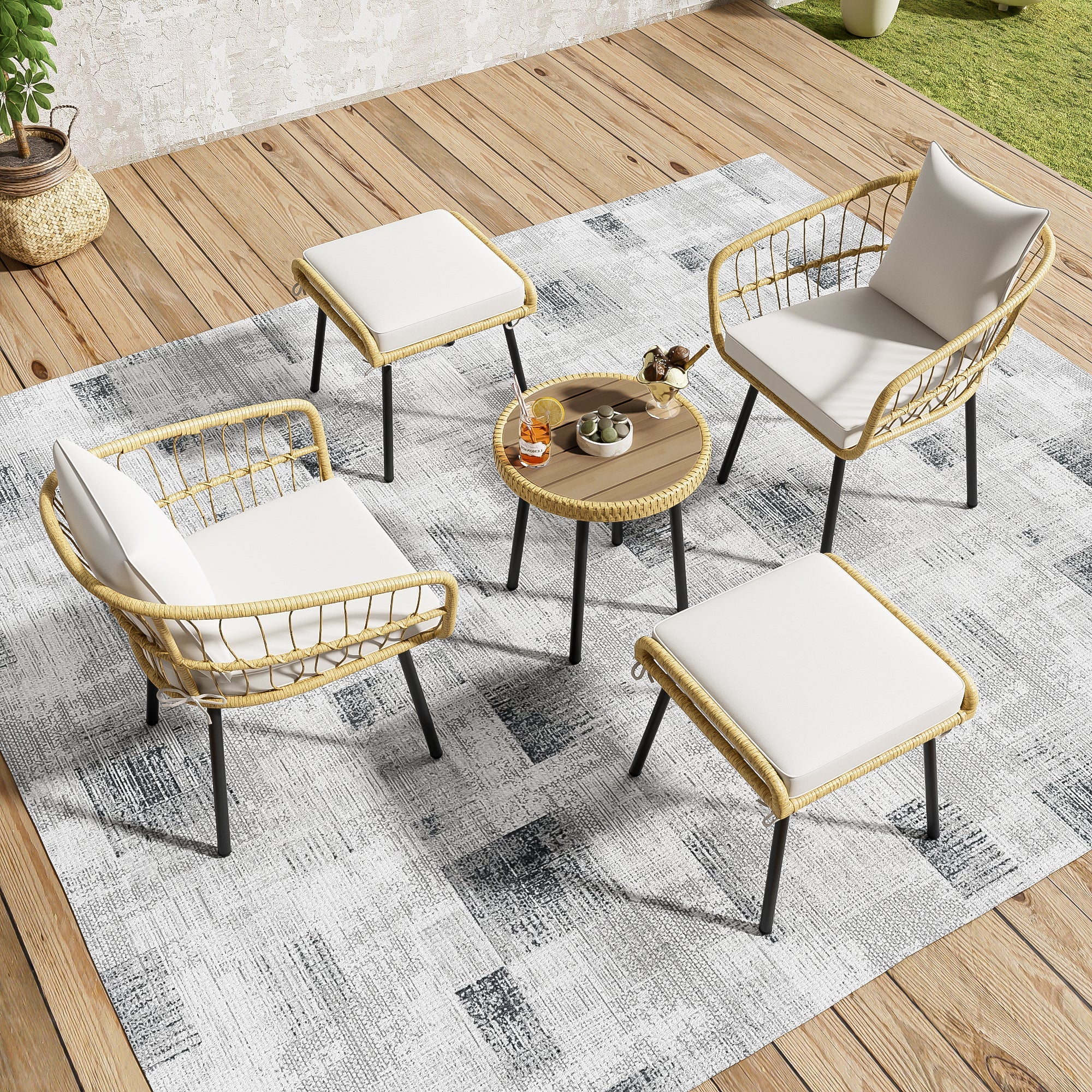 5-Piece Garden Lounge Set 1 Table 2 Chairs 2 Stools - Rattan Natural