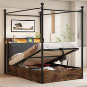 Multifunctional Single Bed 90x190 Hydraulic Storage Canopy LED/USB, Iron Black