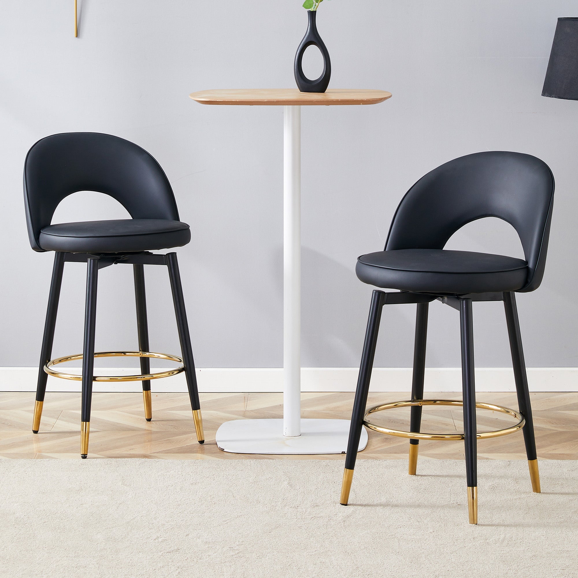 360° Swivel Bar Stool, Padded Seat with Openwork Backrest, Set of 2, Black PU Leather and Metal