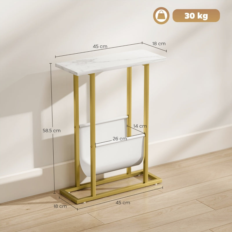 Narrow Side Table End Table Nightstand with Magazine Holder, White Marble Grain