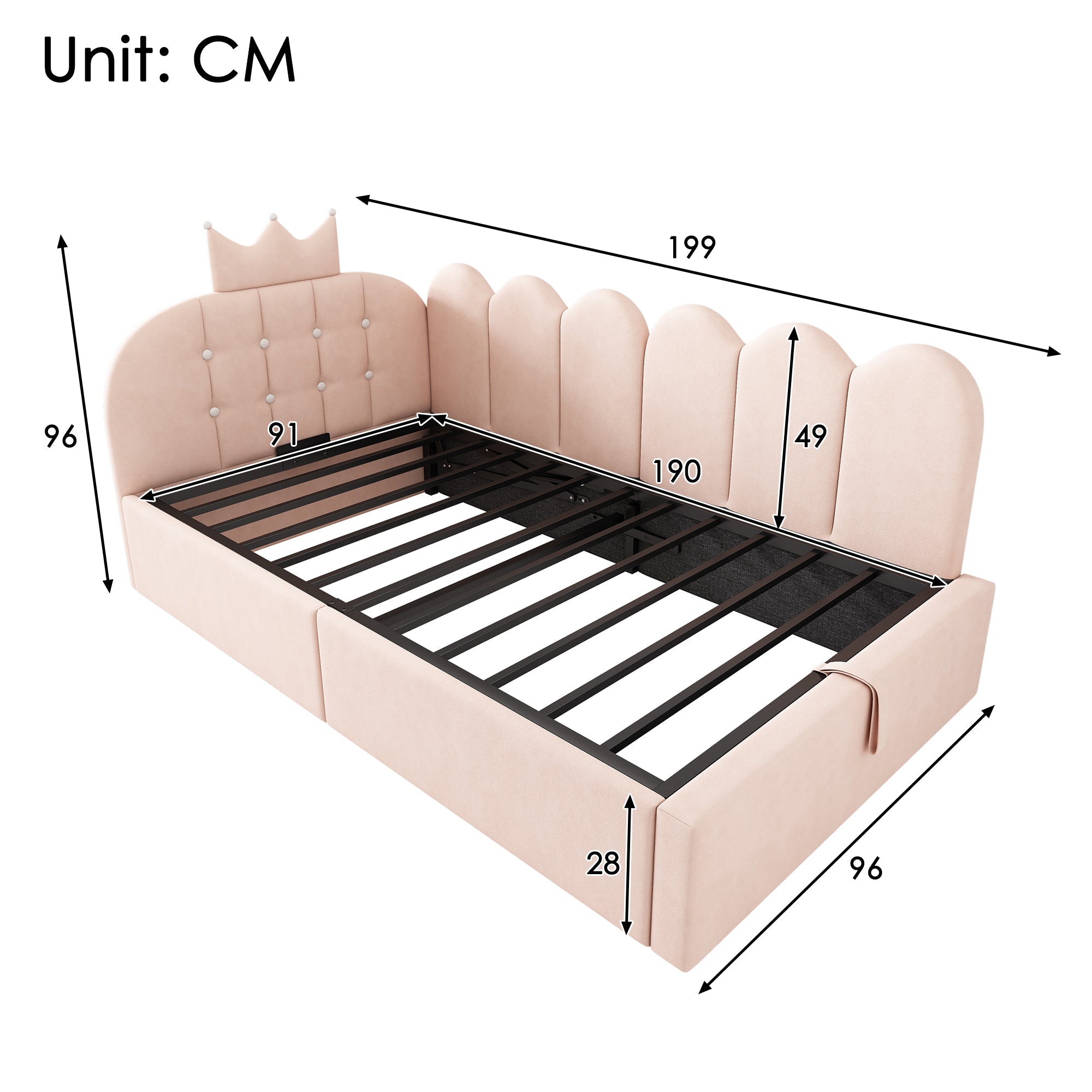 Upholstered Daybed with Hydraulic Storage and Crown-Lattice Design, 90x190cm, Pink Velvet