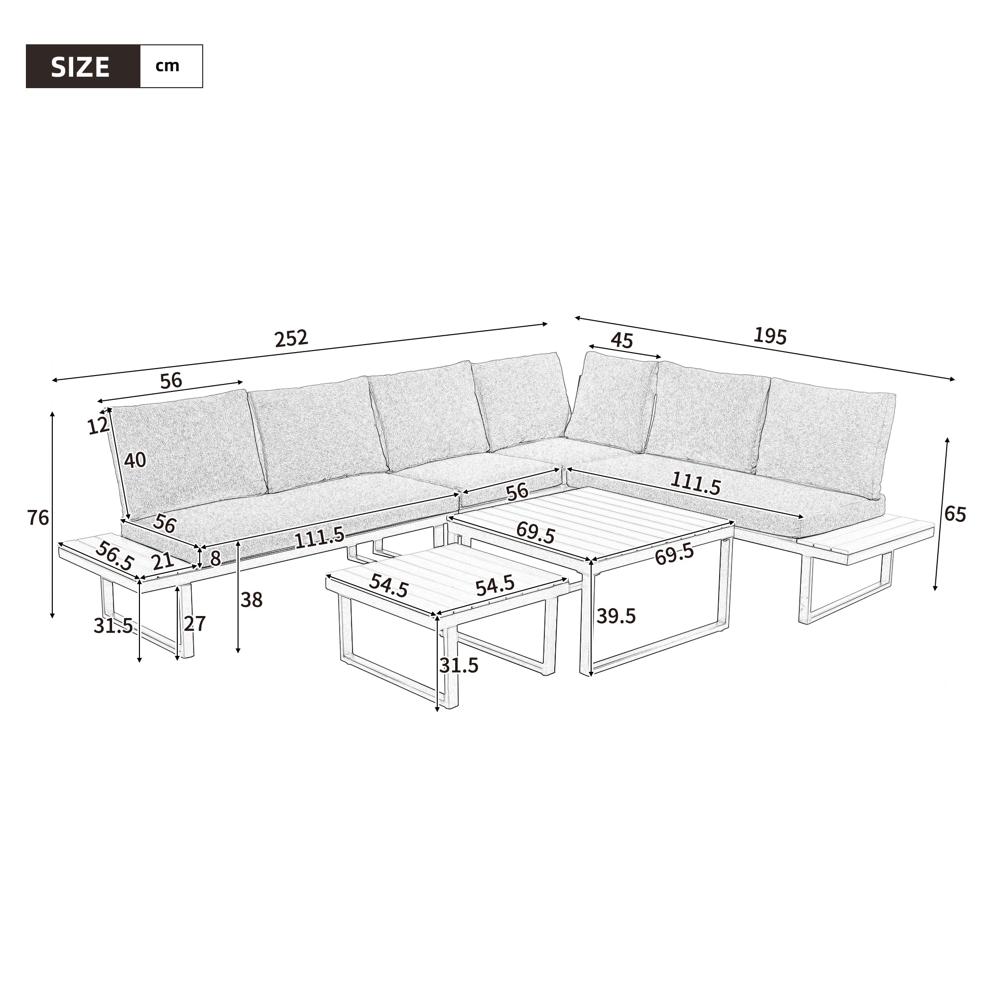 Garden Furniture Set with Adjustable Tilt and Two Coffee Tables, Beige and Khaki