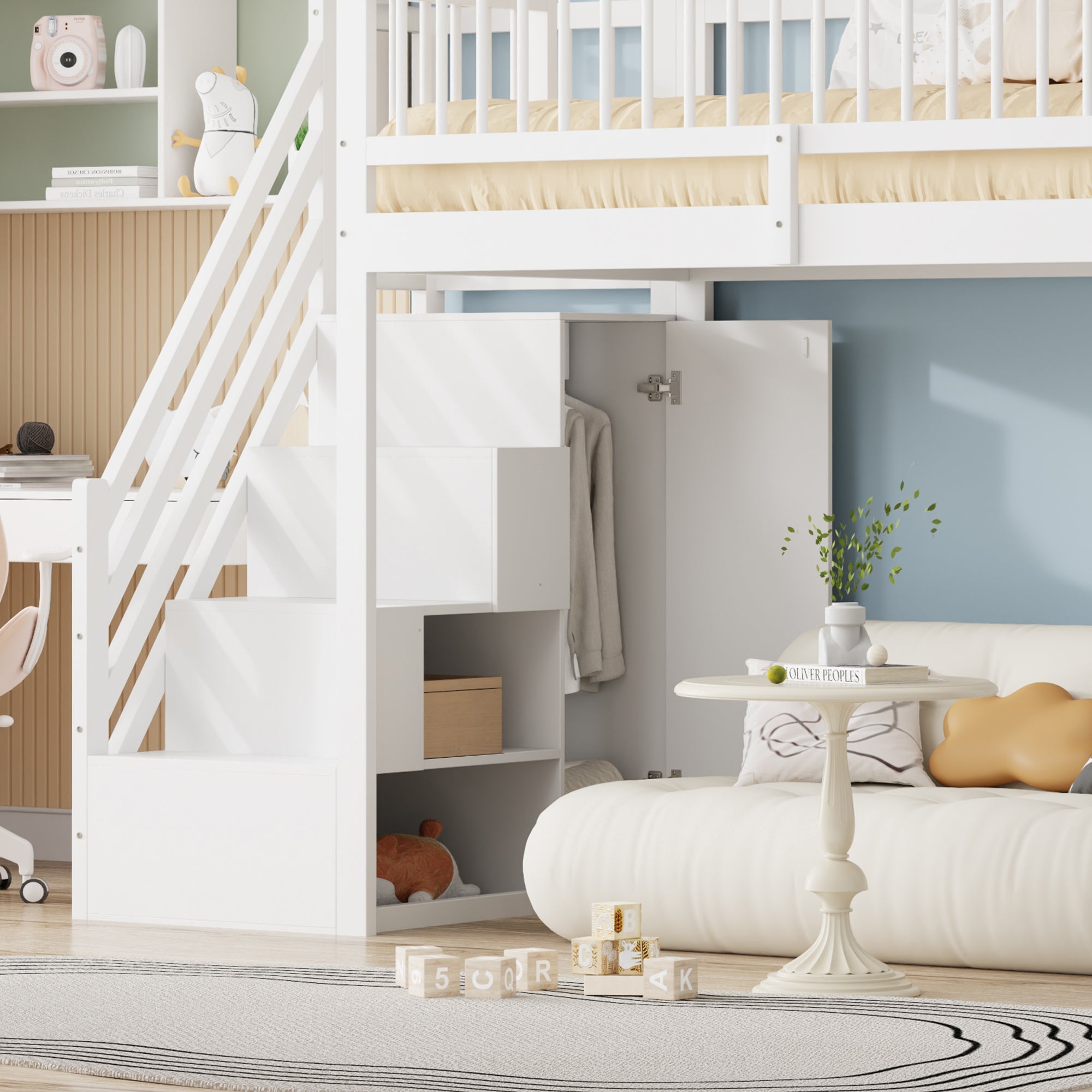 Loft Bed, 90x200 Multifunctional with Wardrobe, Shelves, Ladder, Solid Wood, White